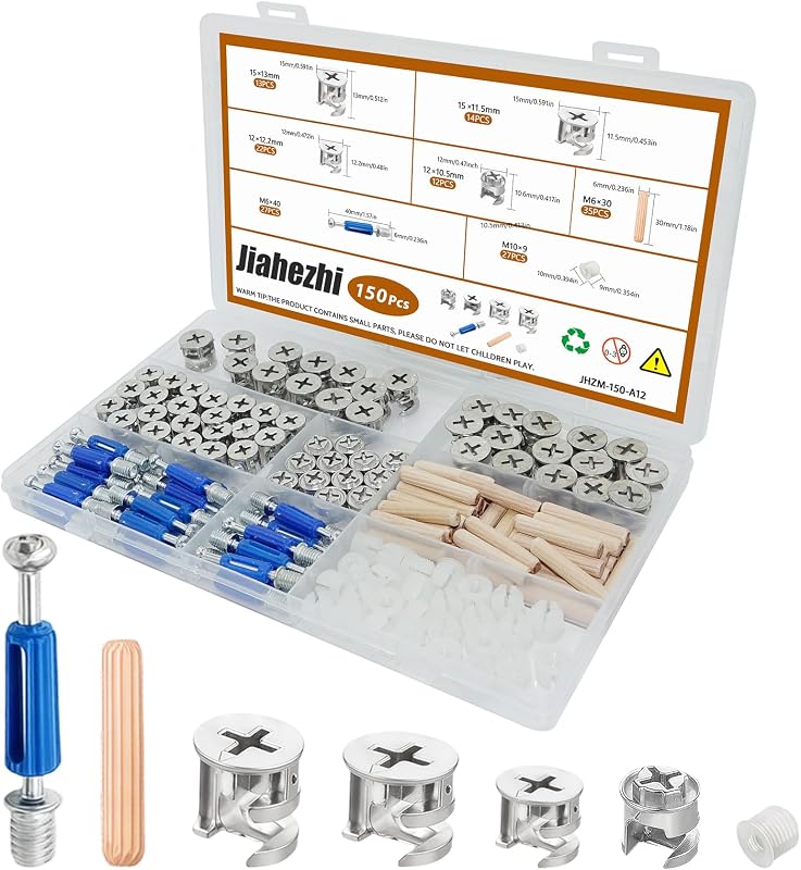 Kit de cerraduras de leva para muebles, 150 piezas, sujetadores de hardware excéntricos 3 en 1 de alta resistencia con tornillos y tacos para reparación de ensamblaje de aparador de cajones de gabinete IKEA