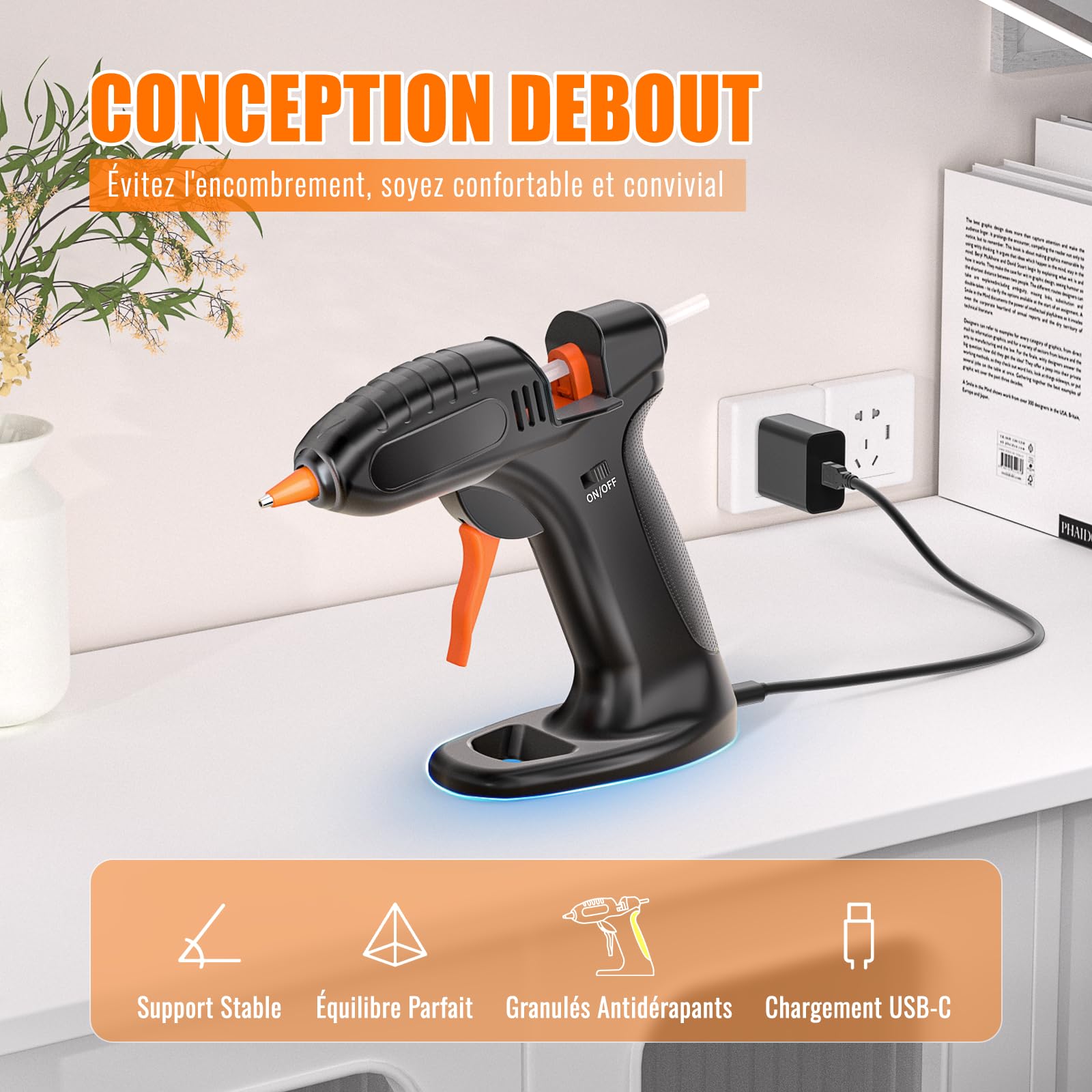 Hot Gluegun Mini Pistolet Sans Fil Avec 40 Bâtons De Colle De 7 Mm Et 6