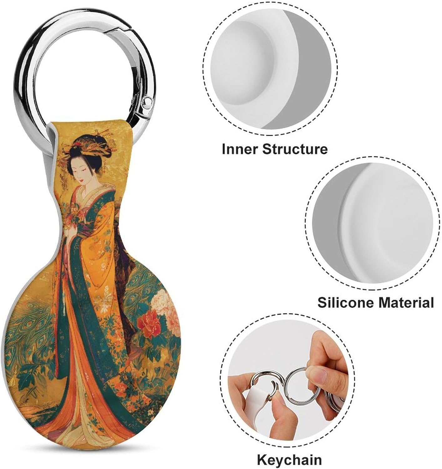 Japanese Geisha Peacock Funny Cover Compatible with AirTag Case Protector GPS Tracker Holder with Keychain