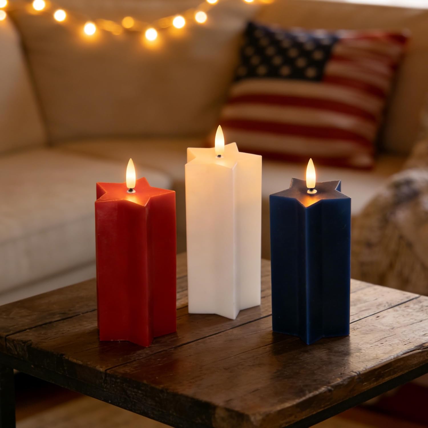 4th of July Flameless Candles with Remote, Red White and Blue Patriotic LED Candles, Battery Operated Star Shaped Decorative Candles for Independence Day Home Party Decor, Set of 3