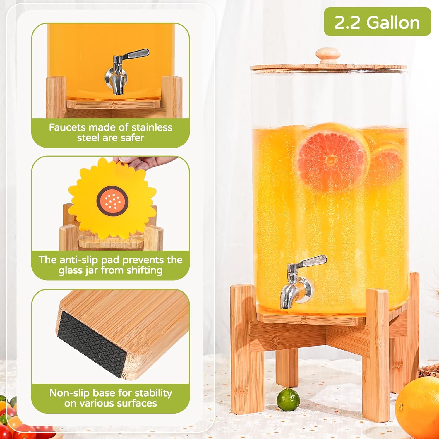 2.2 Gallon Drink dispenser, Large Water Glass Beverage Dispenser With Wood Stand for Parties With Stainless Steel Spigot, Ideal for Lemonade,Juice, Tea, and Party Drinks - Image 2