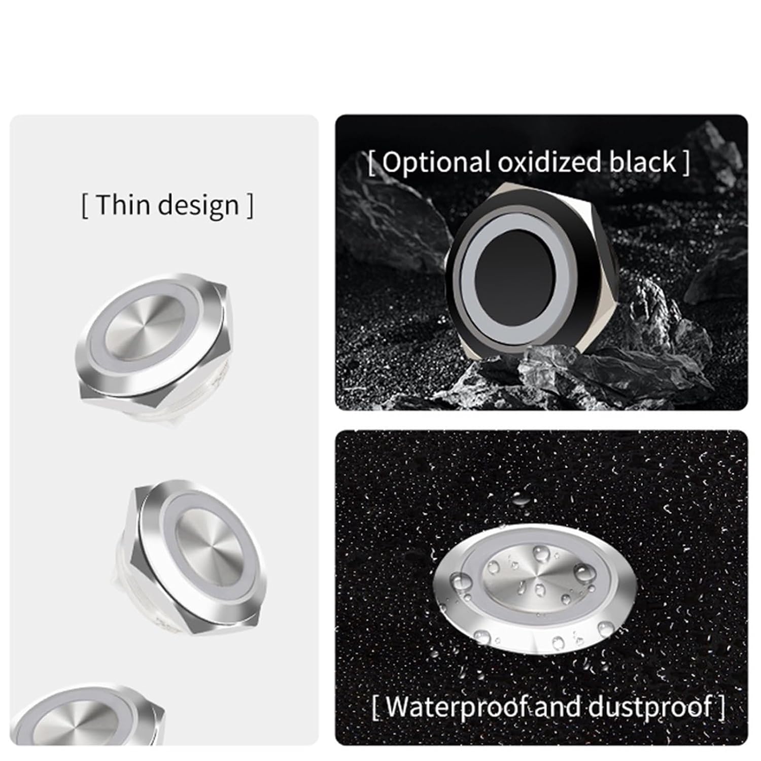 1pcs 12/16/19/22/25/30mm Ultra Short LED Light 3-6V 12-24V Momentary Reset Waterproof Metal Push Button Switch with Wire(Tricolor-RGB,16MM with Wire_Silver-MOMENTARY_3-6V)