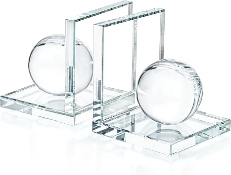 1 Pair Crystal Bookends with Crystal Ball Decorative Ornaments,L Shape Non-Skid Sturdy Book Ends for Heavy Books,Book Holder Stopper for Shelf Office Home 4inch,Clear