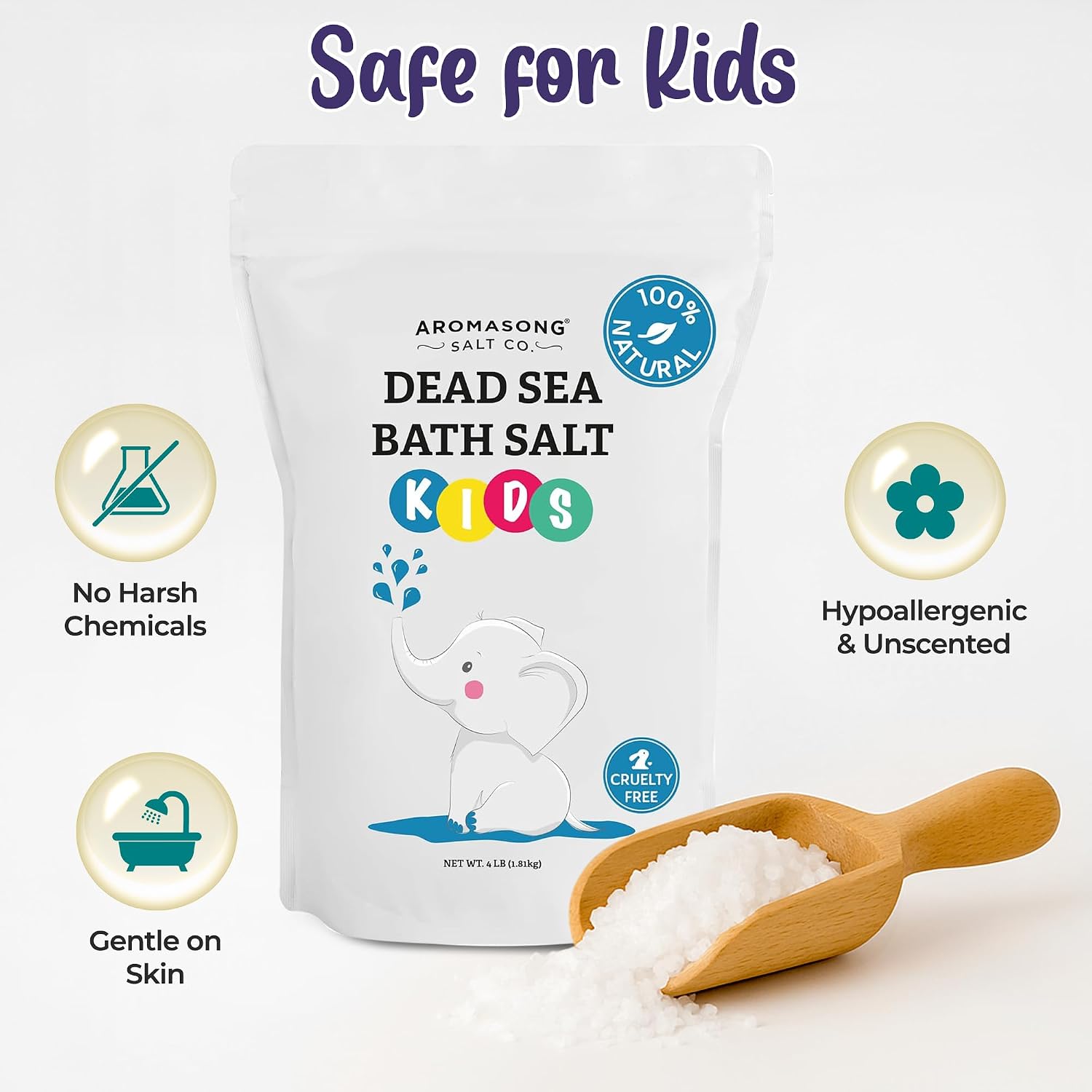Aromasong Dead Sea Salt for Kids Bath Soak, 4 Lbs. Fine Grain Large Bulk resealable Pack, 100% Pure & Natural.