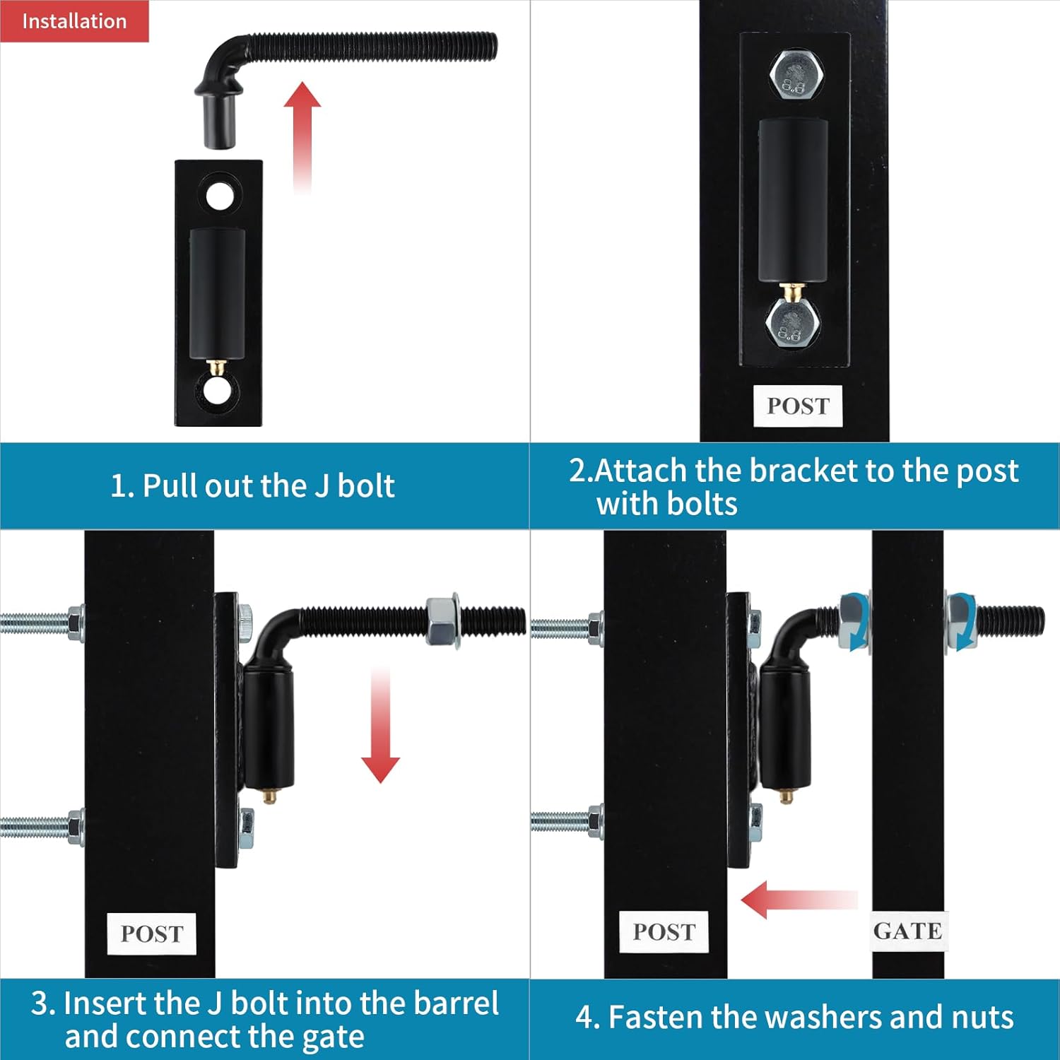 Skelang 1/2" J-Bolt Hinge, Heavy Duty Gate Hinge with Hole Base, Mount for Wooden and Iron Gate, 1Pair