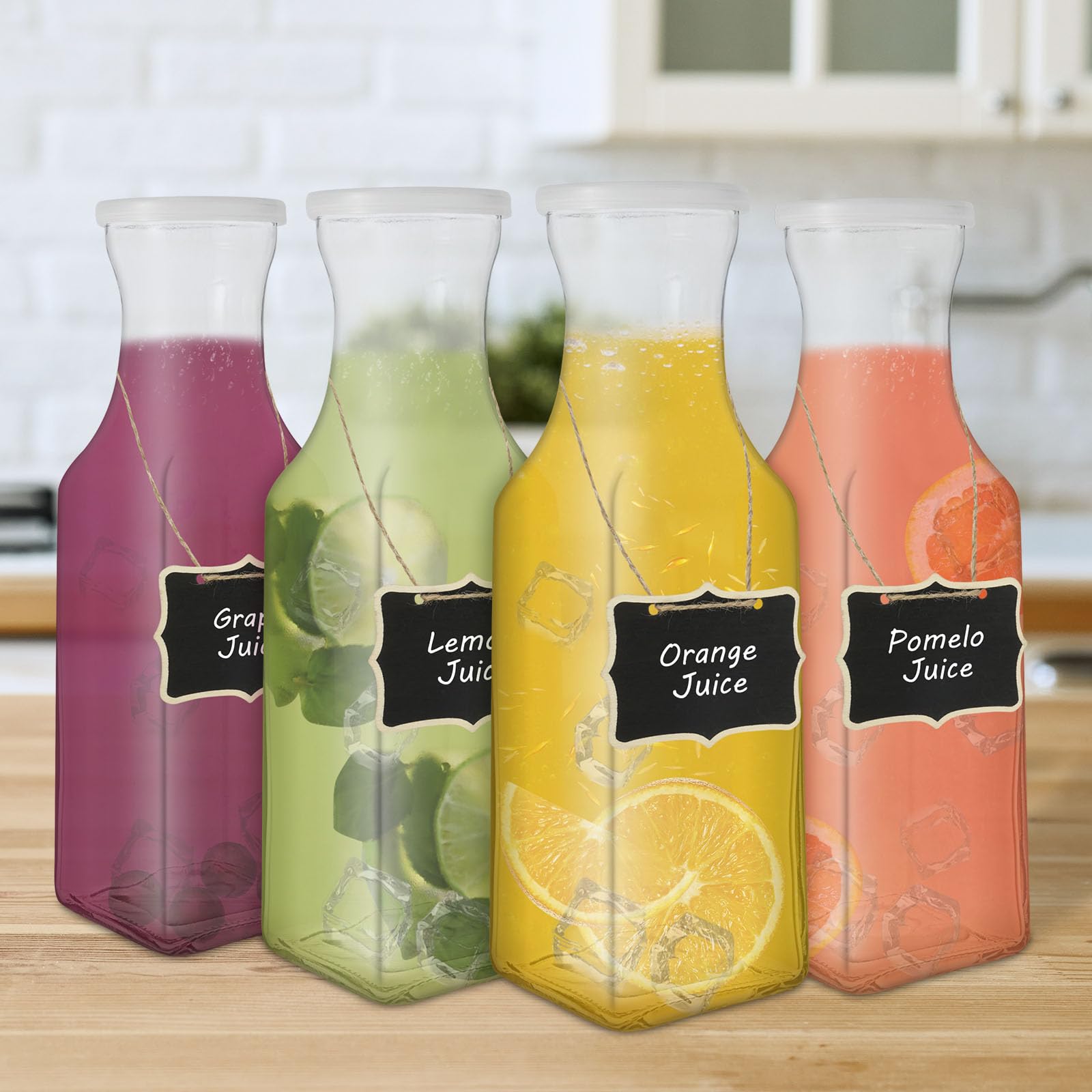 KTZCTPCA 4Pcs Glass Pitcher, Carafe Beverage Serveware with Erasable blackboard, Thick Square Water Jug, Serveware Carafe for Mimosa Bar, Glass Pitcher Beverage Carafes for Home Usage