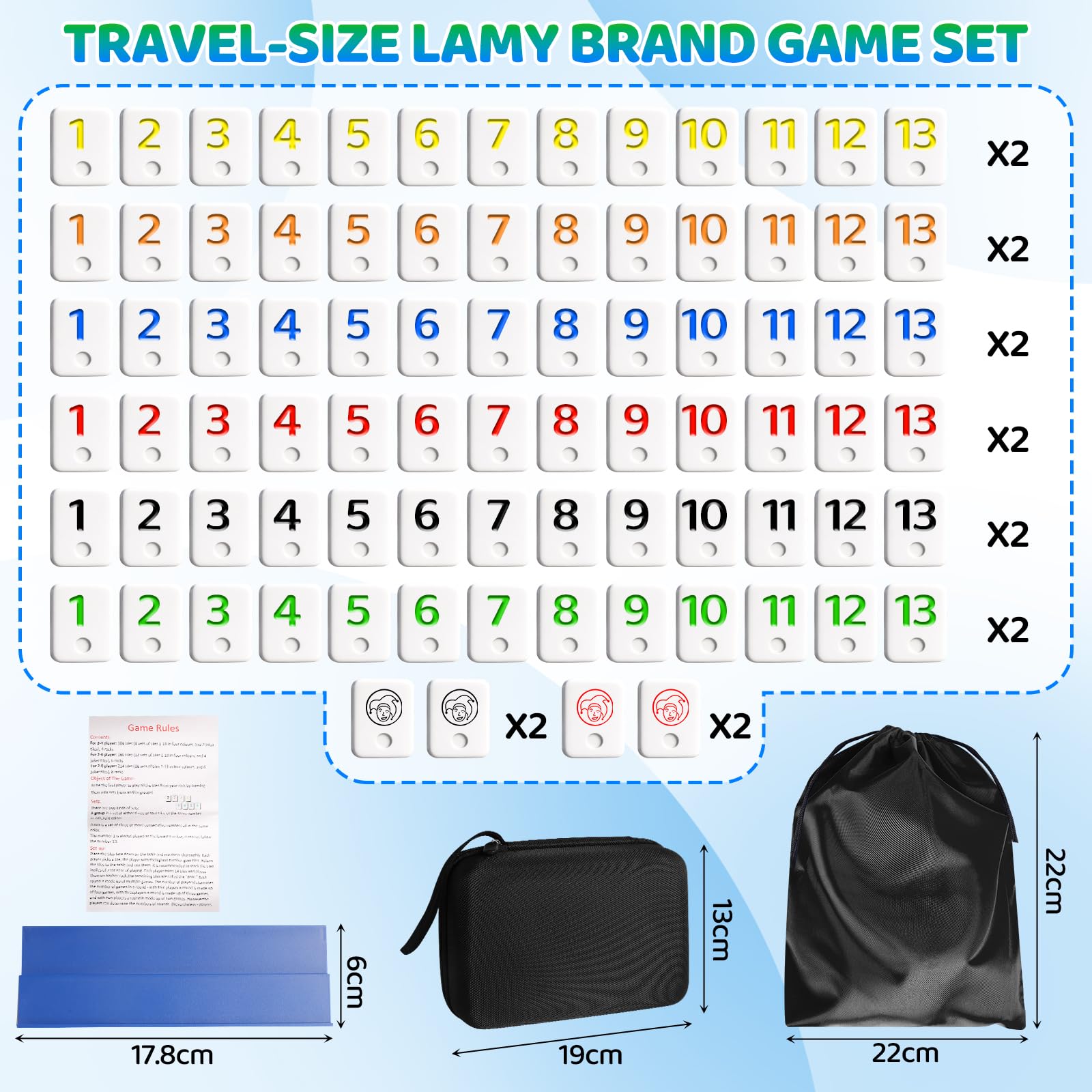 Mini Rummy - Juego de mesa para 2-6 jugadores, juego de viaje con 160 piedras y 6 soportes de juego, juego de viaje para adultos y familia, incluye caja de almacenamiento y bolsa para guardar las