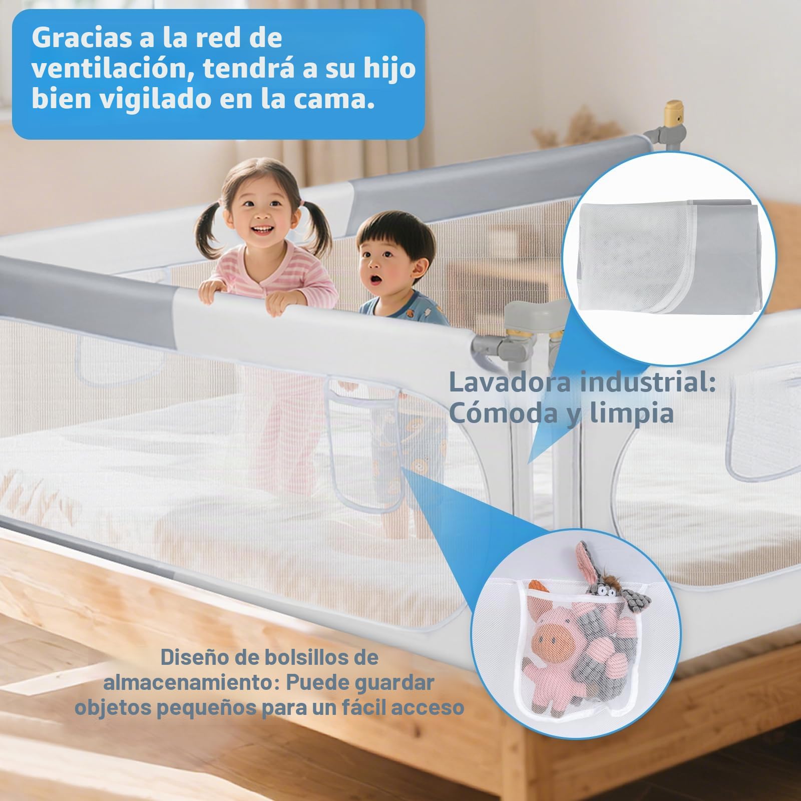 OUUTMEE Barrera de seguridad para cama de 200 cm, plegable, 30 alturas, altura regulable, diseño de bloques de color gris y blanco