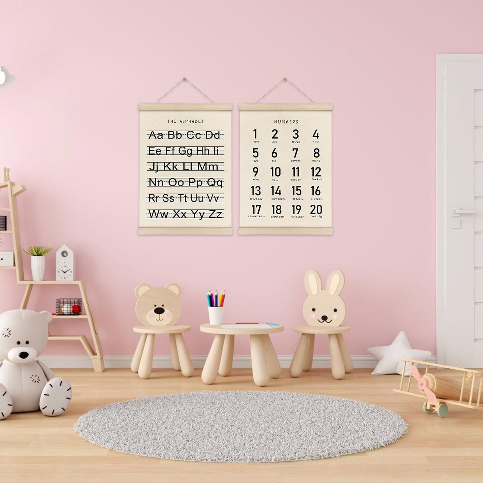 PANGBOER Affiches murales éducatives avec et chiffres, 2 pièces, avec cadre en bois, pour décoration de chambre d ' enfant et de crèche, facile à suspendre, Art de chambre d ' enfant