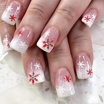Christmas Press on Nails Short Square Artificial Acrylic False Nails Snowflake with Glitter Design Stick on Nail Full Cover Rhinestones Artificial Fingernails for Women Manicure 24Pcs