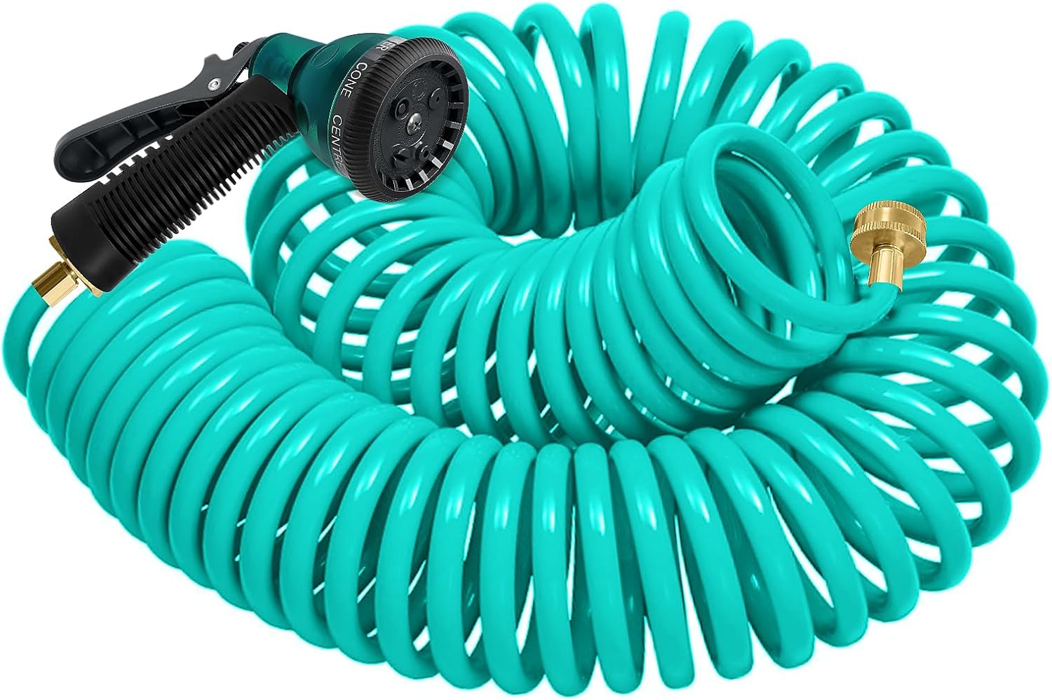 Coil Hose 75FT EVA Coil Garden Hose With 3/4'' Brass Connector Coiled Water Hose Lightweight And No Kink Includes 7 Patterns Spray Nozzle For Outdoors Lawn Watering Car Washing