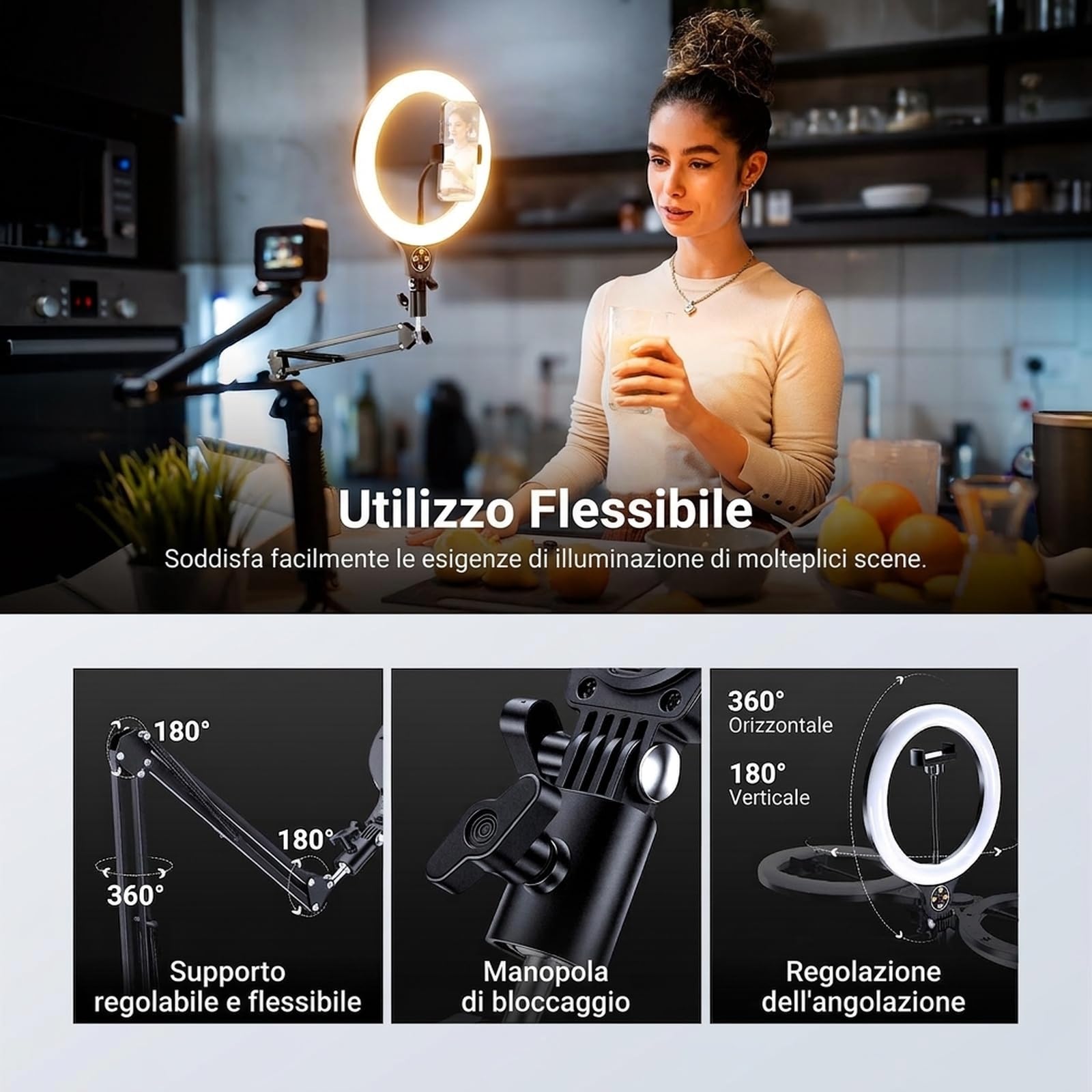NEEWER ENTRY LEVEL VERSION 10" 10W Luce ad Anello con 46"-63" Supporto, N44 | Overhead Telefono Supporto, Supporto Compatibile con iPhone