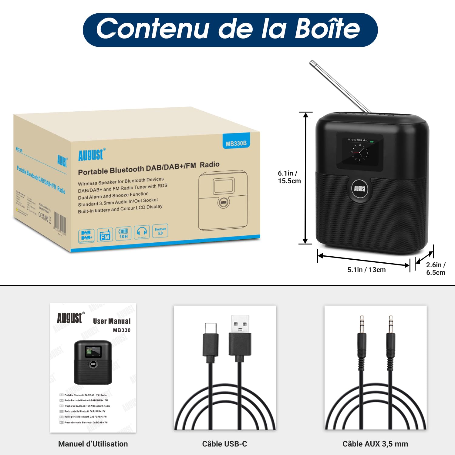 August MB330 Radio Portable DAB Bluetooth - Radio Numérique DAB/DAB+/FM 60 Présélections, Double Réveil, Minuterie, Rechargeable USB-C, Entrée/Sortie Aux, Écran Couleur, EQ - Cuisine Chambre Extérieur