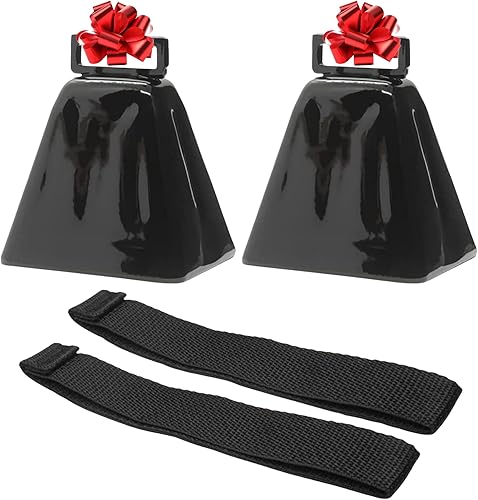 Bevin Bells Campanas de vaca de larga distancia 10LD (negro)  Hecho de acero  Fabricantes de ruido fuerte  con correa negra alrededor del mango