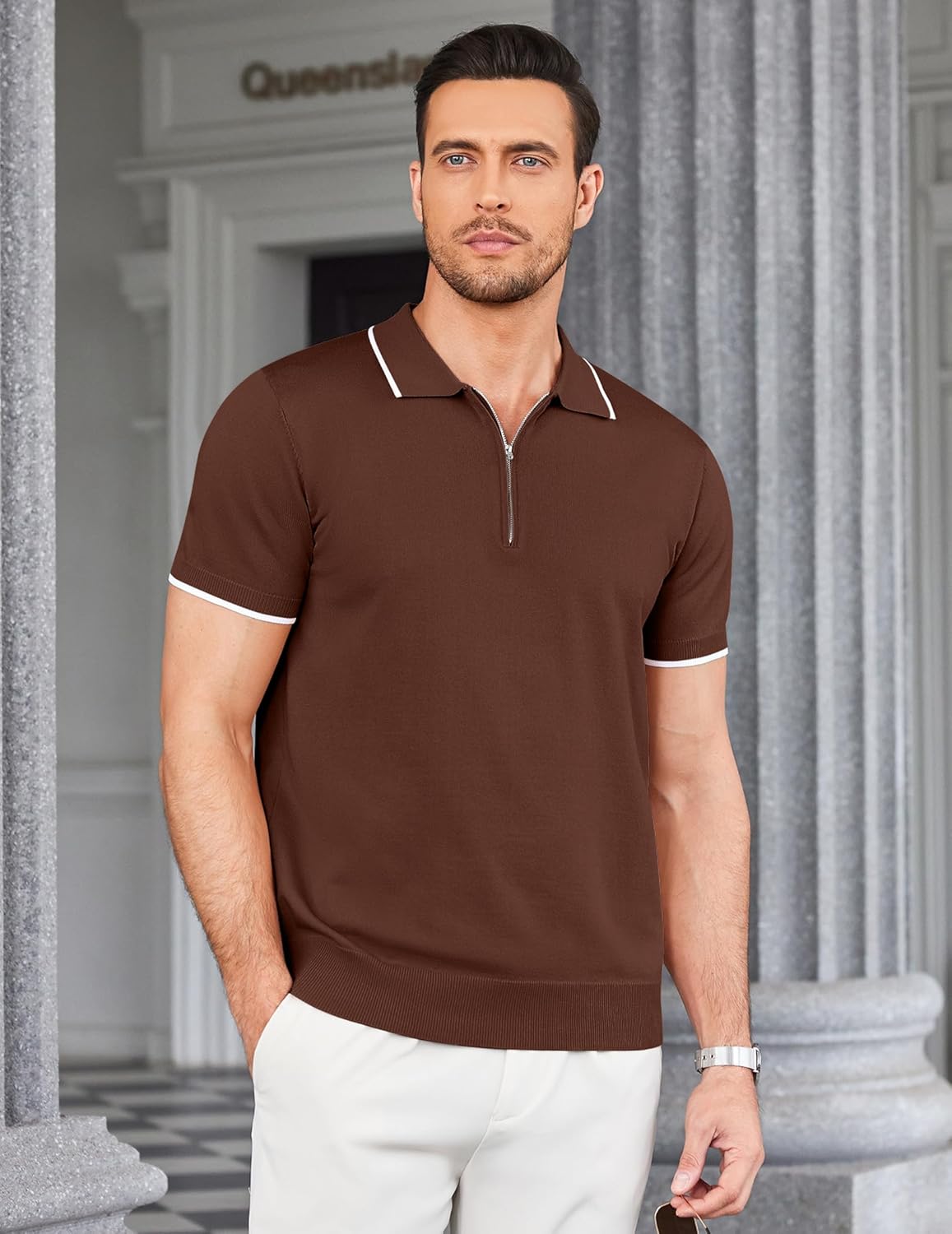 COOFANDY Men's Zipper Polo Shirt Casual Knit Short Sleeve Polo T Shirt Classic Fit Shirts - Image 2