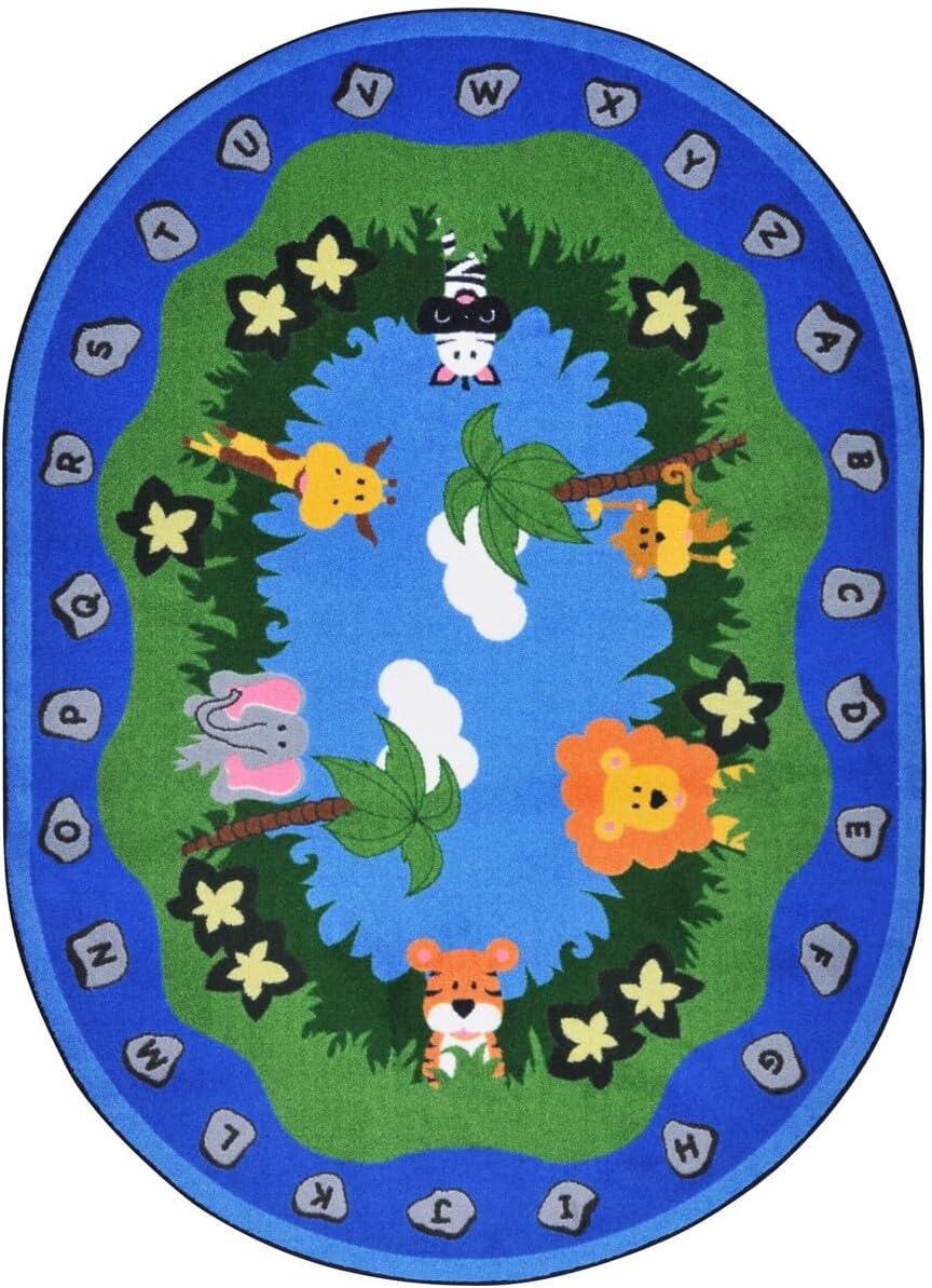 Joy Carpets Kid Essentials Infants & Toddlers Jungle Peeps Rug, Multicolored, 5'4" x 7'8" Oval