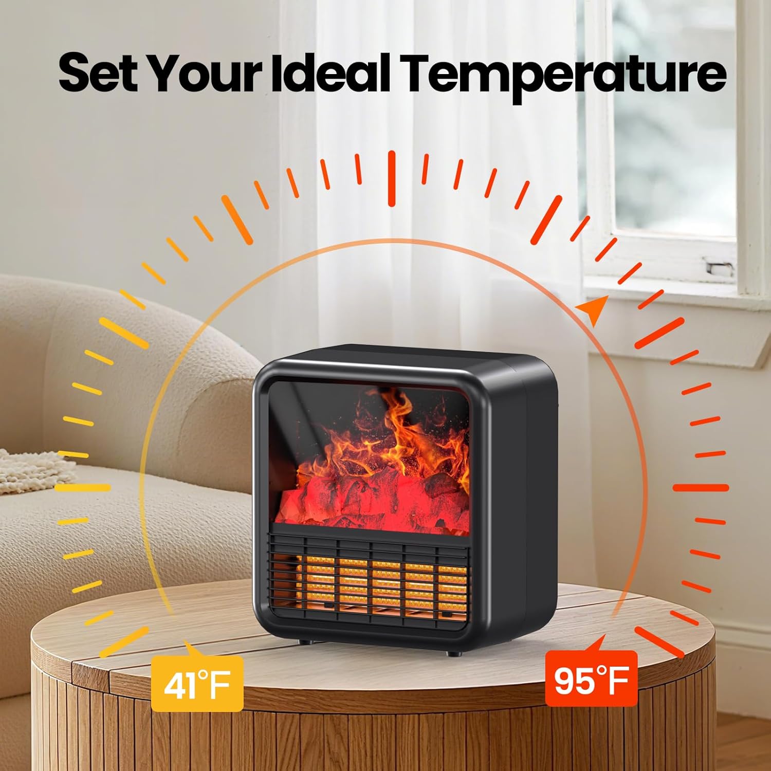 Small Fireplace heater for Indoor use with Realistic 3D Flame, Space Heater with Thermostat, 1500W/750W PTC Ceramic Heating, Tip-Over Safety Switch, Black