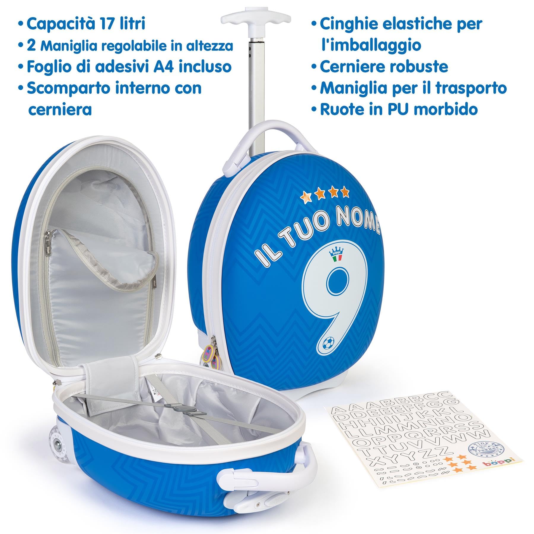 boppi Tiny Trekker Trolley Bagaglio a Mano per Bambini con Scritta Personalizzata - Valigia Bagaglio a Mano da Cabina con Ruote 17L - Calcio Italia Euro 2024