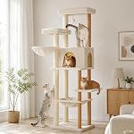 PAWZ Road Large Cat Tree, 53 Inches Modern Wooden Cat Tower for Indoor Large Cats, Multi-Level Cat Condos with Long Scratching Posts and Natural Wood Posts-Beige