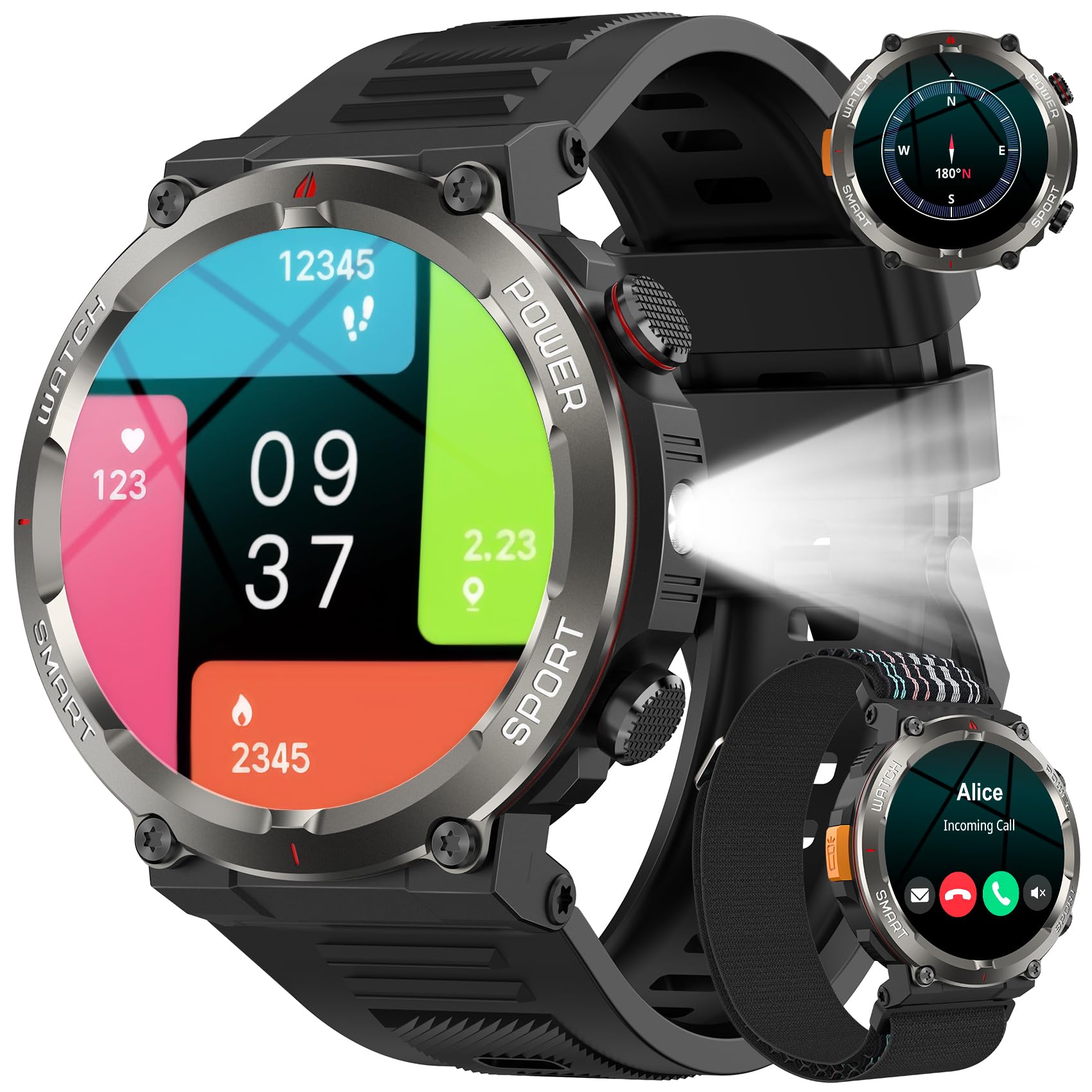 Smartwatch Uomo, 1.45" HD Orologio Uomo con 100Giorni StandbyBatteria, Smartwatch con Effettua o Risposta/LED Torcia/Bussola, 24/7 Monitoraggio Salute (Frequenza Cardiaca/Sonno/SpO2) per Android iOS