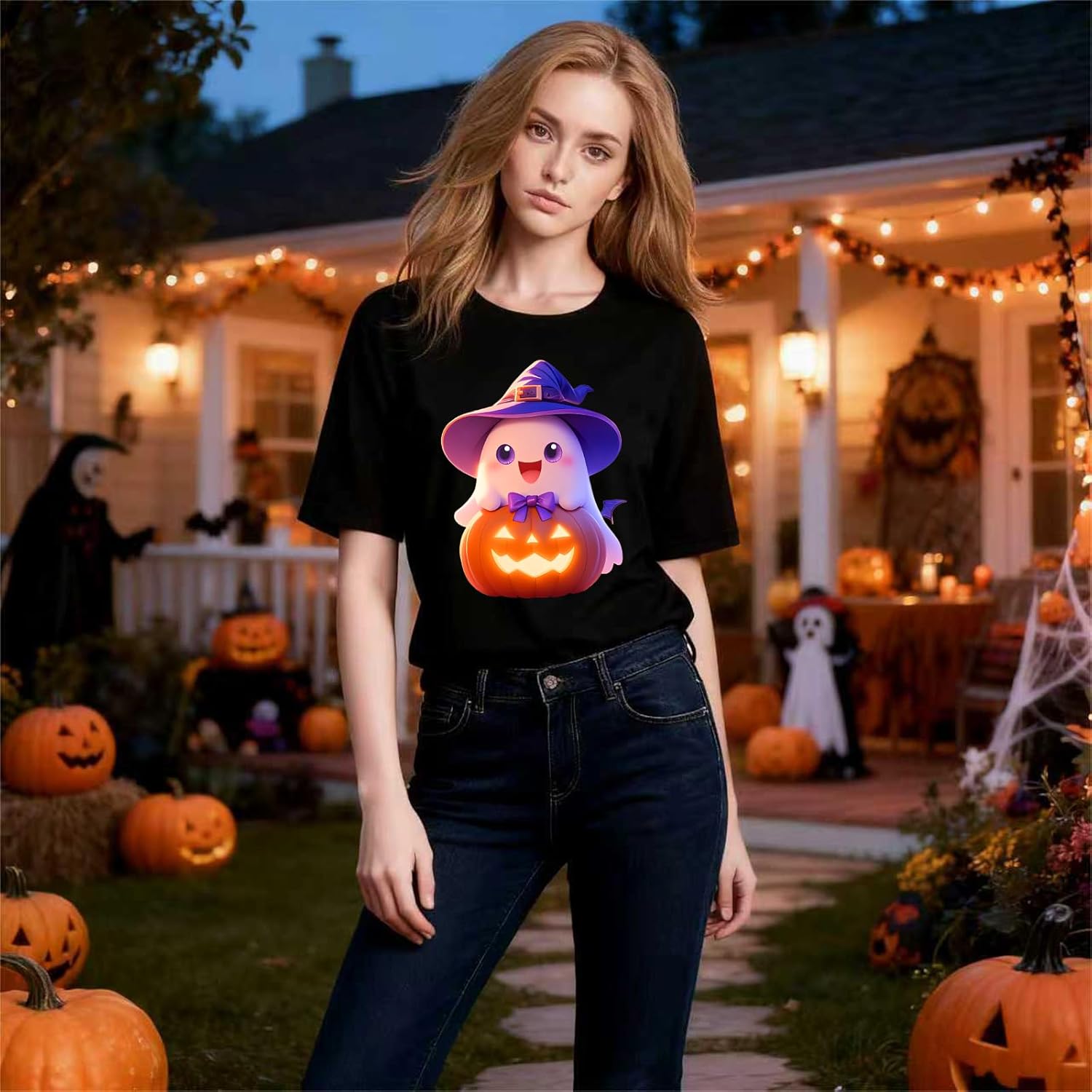 Halloween Shirts for Women - Pumpkin Ghost Wizard Hat Pattern Round Neck Short Sleeve - Image 6