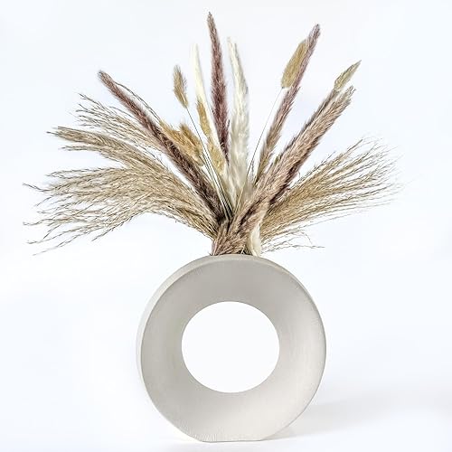 Jarrón de cerámica blanca  Jarrón decorativo moderno para sala de estar, oficina y mesa de entrada, jarrón de donas para hierba de pampas, flores y
