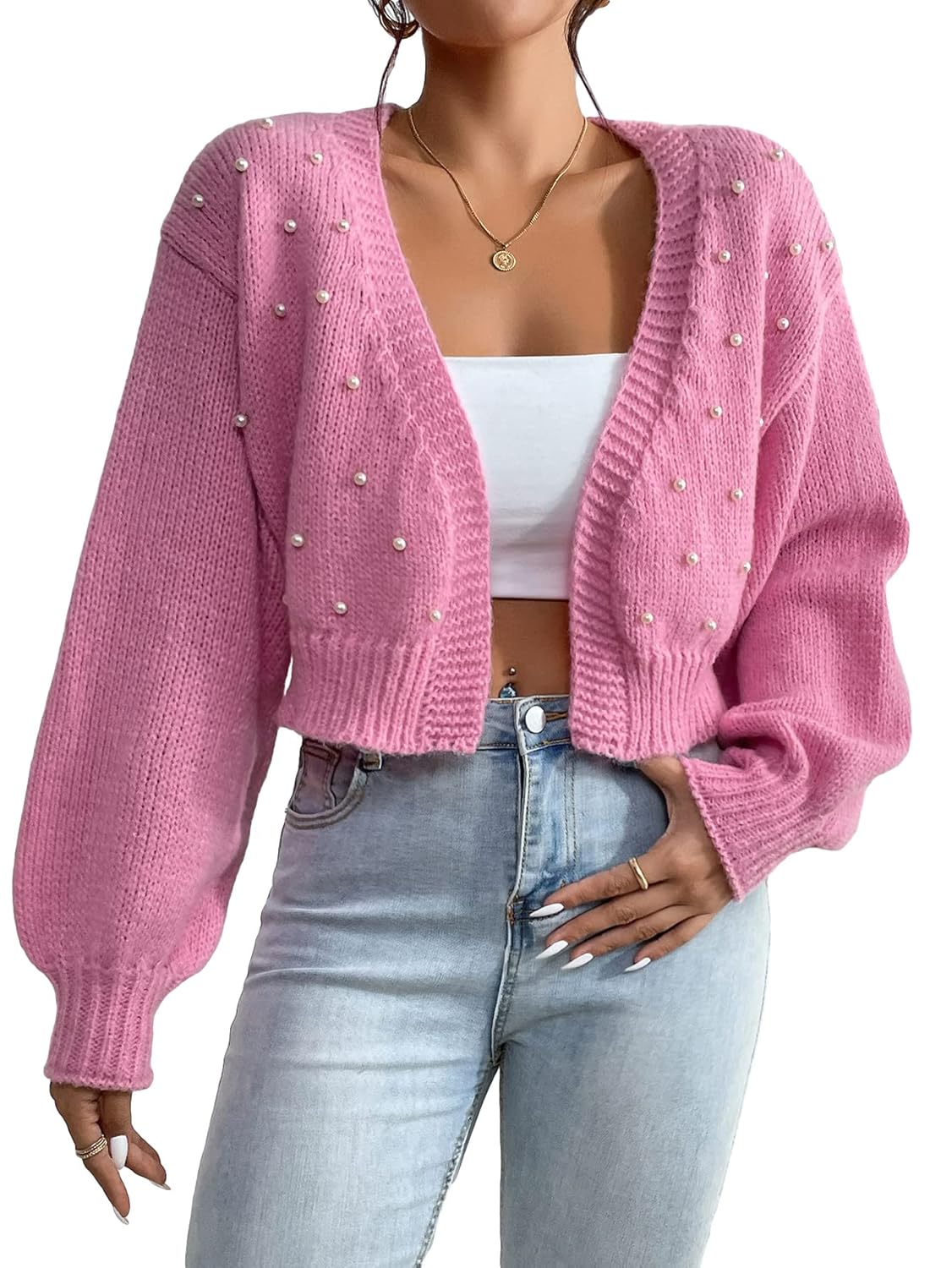 SHENHE Womens Pearl Beaded Open Front Cardigan Oversize V Neck Drop Shoulder Cropped Sweater