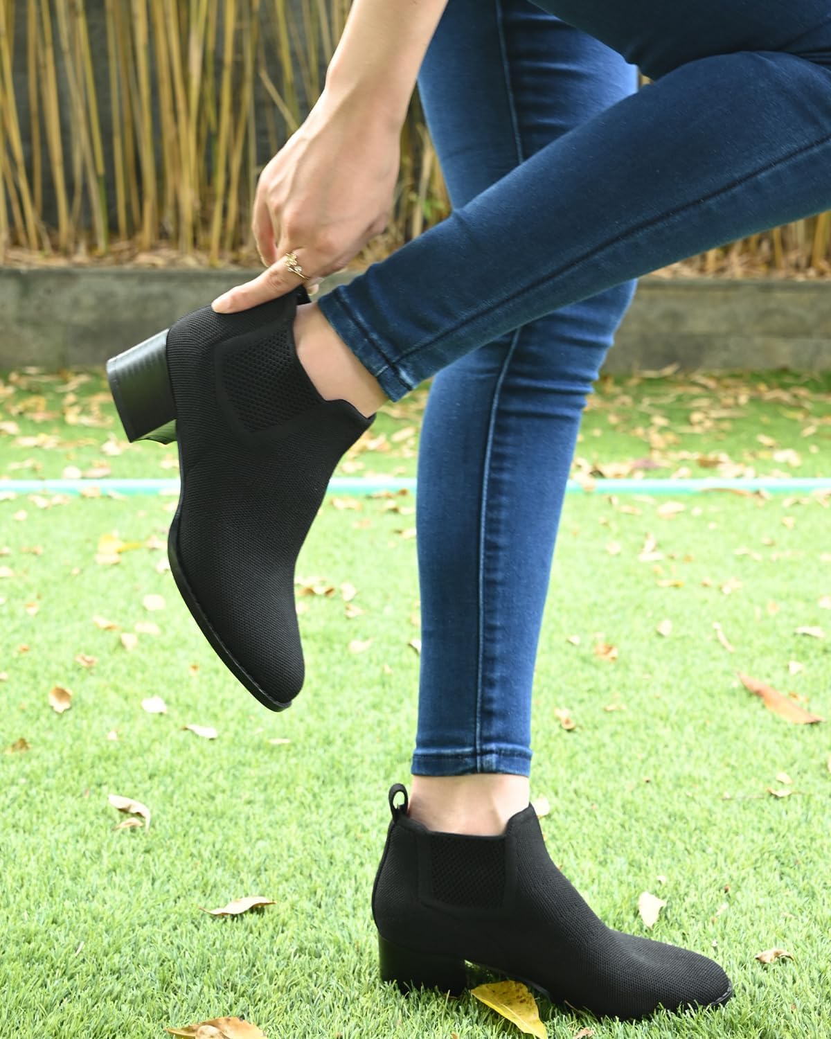 Low Heel Ankle Boots for Women Chunky Heel Knit Sock Chelsea Boots Slip On Stretchy Comfortable Short Boots Fashion Black Brown Heeled Booties Dress Shoes for Fall & Winter