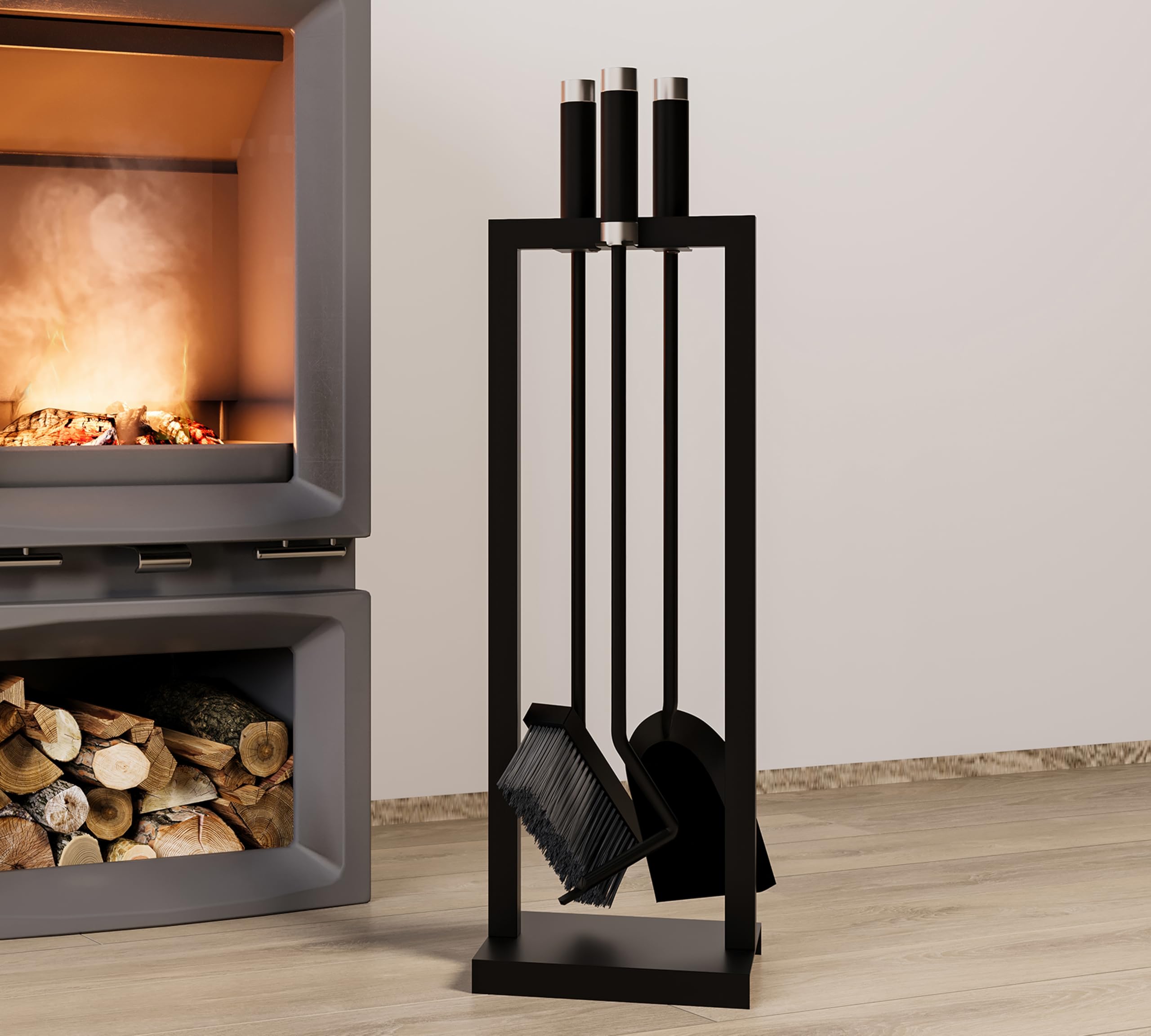 Kingson – Set di accessori per caminetto, 3 pezzi, con supporto – Include pala, spazzola e attizzatoio – Nero con rivestimento in polvere, manici in acciaio e inossidabile – 59,5 cm