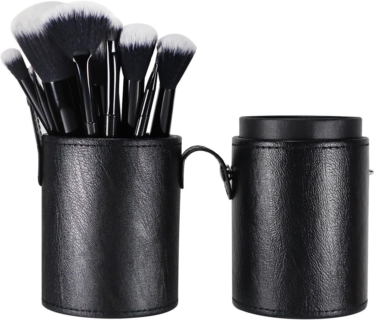 Portable Makeup Brush Case,Pu Leather Makeup Brush Holder with Button,Travel Cup Storage Dustproof Makeup Cosmetic Bags for Women (Black) image 2