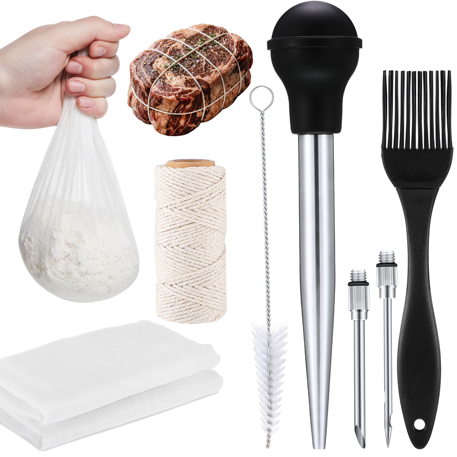 Boao 5pcs Large Stainless Steel Turkey Baster Set with Basting Needles, Silicone Meat Basting Brush, Cleaning Brush, Cheesecloth, Pastry String for Kitchen BBQ Cooking Baking Grilling Marinating