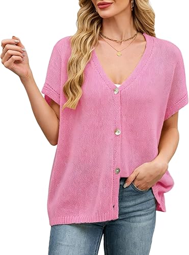 SunnyMelody Womens Oversized Cardigan Sweaters Summer 2026 V Neck Short Sleeve Lightweight Cozy Sheer Knit Button Cardigans