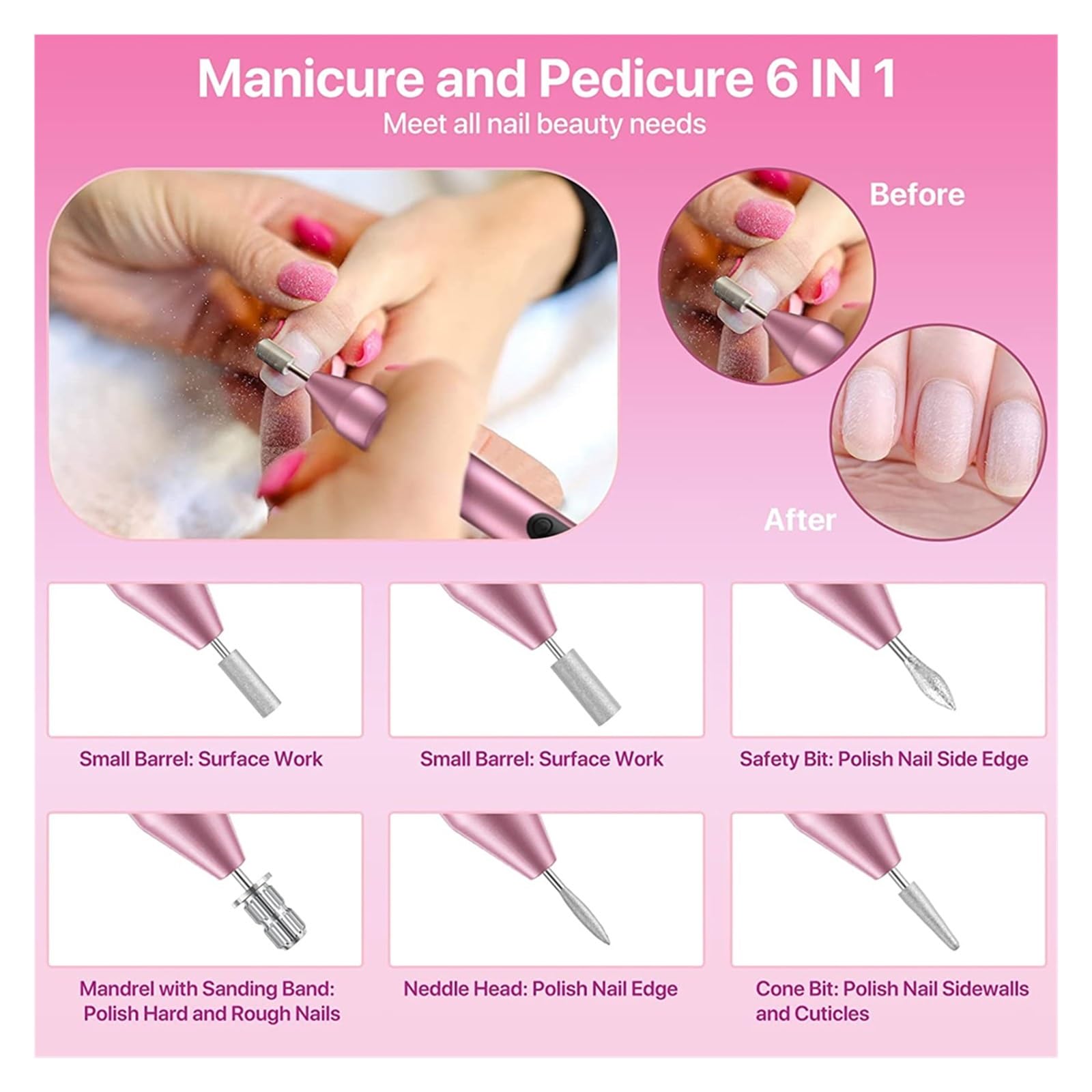 Fresa per Unghie, Trapano for unghie elettrico a batteria for unghie in acrilico Smalto for gel Rimuovi Manicure Pedicure Strumenti for lima for unghie Attrezzature for unghie for saloni(Rainbow Set)