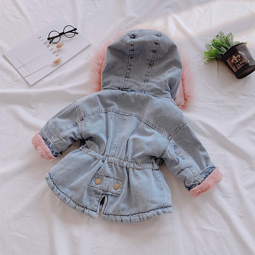 Kleinkind Baby Jeansjacke Herbst Winter Kinder Mädchen Denim Outwear mit Kapuze Faux-Pelz Vlies Warmer Steppjacke Pelzkragen Starker Mantel (Rosa-A,100/2-3 T)