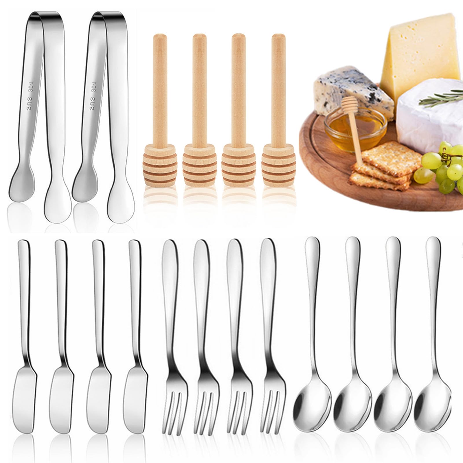charcuterie board accessories 18 pcs silver stainless steel spreader knives set include mini serving tongs cheese butter knives spoons forks honey dippers