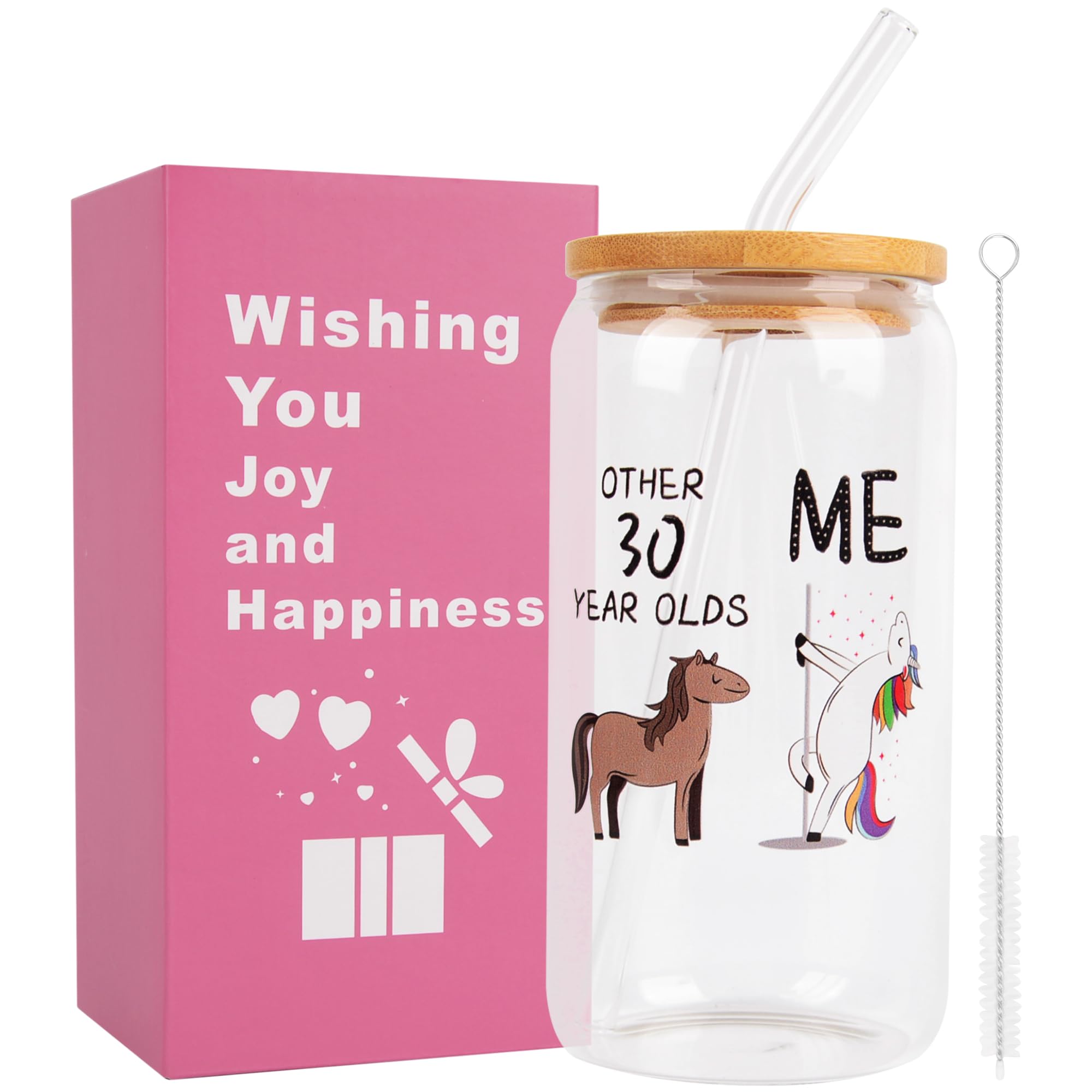 KEYIDO Funny 30th Birthday Gifts for Women 30th Glass Cups with Lids Straws and Straw Brush Glass Tumbler for Iced Coffee Latte Presents Ideas for Her Friend Wife Sister Daughter