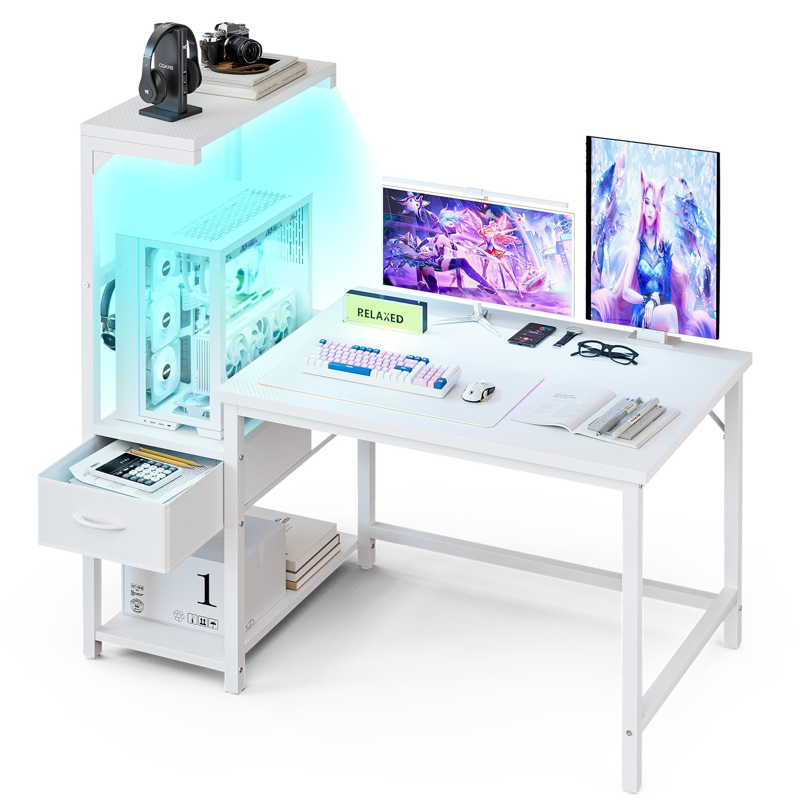 Grandder Gaming Desk 104 cm with CPU Stand and LED Light, Computer Desk with Reversible Shelves and Storage Drawer, Pc Small Desk for Home Office Table with Bag, Carbon Fiber White