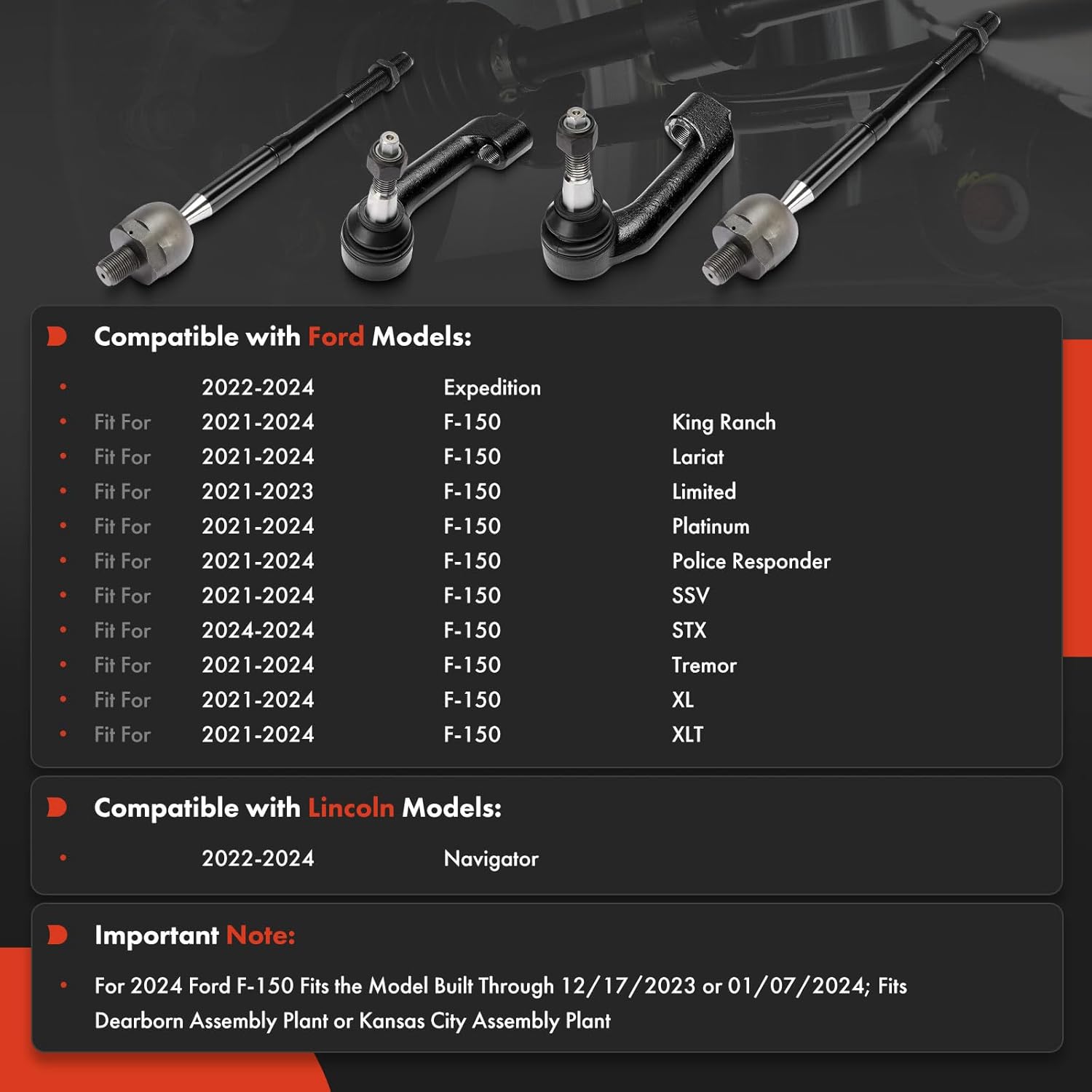 A-Premium Set of 4, Front Inner & Outer Tie Rod End Kit, Compatible with Ford F-150 F150 2021-2024, Expedition 2022-2024 & Lincoln Navigator 2022-2024