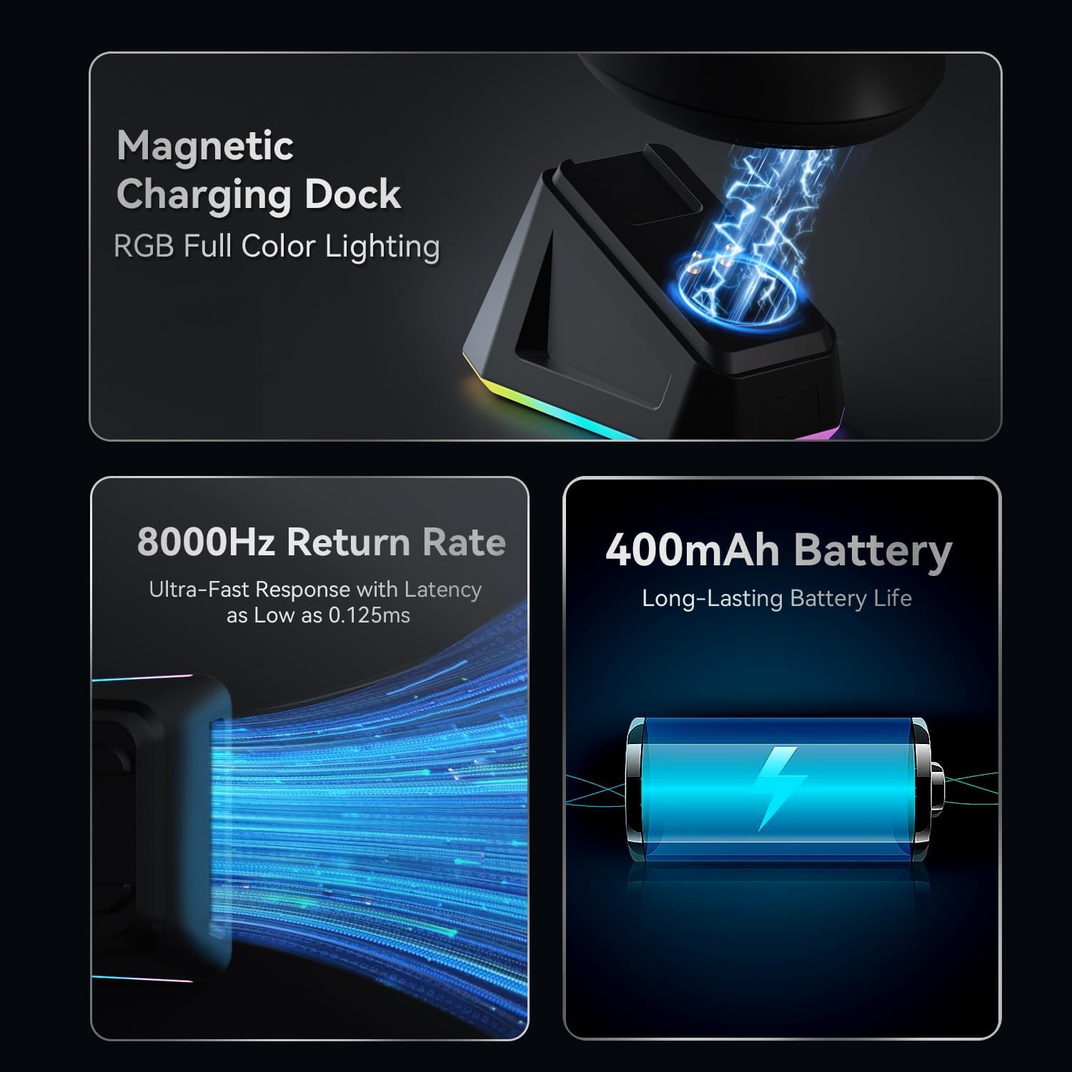 DAIDAI AJ159PRO 8Khz Bluetooth/2.4G/Wired 56G Lightweight Gaming Mouse with Magnetic Charging Dock, PAW3395 Sensor 26KDPI, Huanuo 100 Million Click, 100% ETFE Foot Pad & 8Khz Receiver