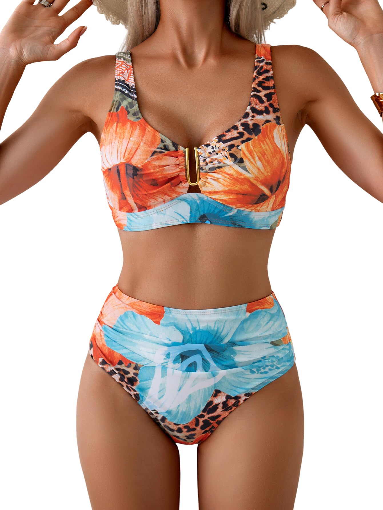Eomenie High Waisted Bikini Sets for Women Tummy Control U Wired Swimsuit | Deep V Neck, Adjustable Wide Straps, Ruching, Full Coverage, Removable Bra, Bathing Suit For Beach Vacation
