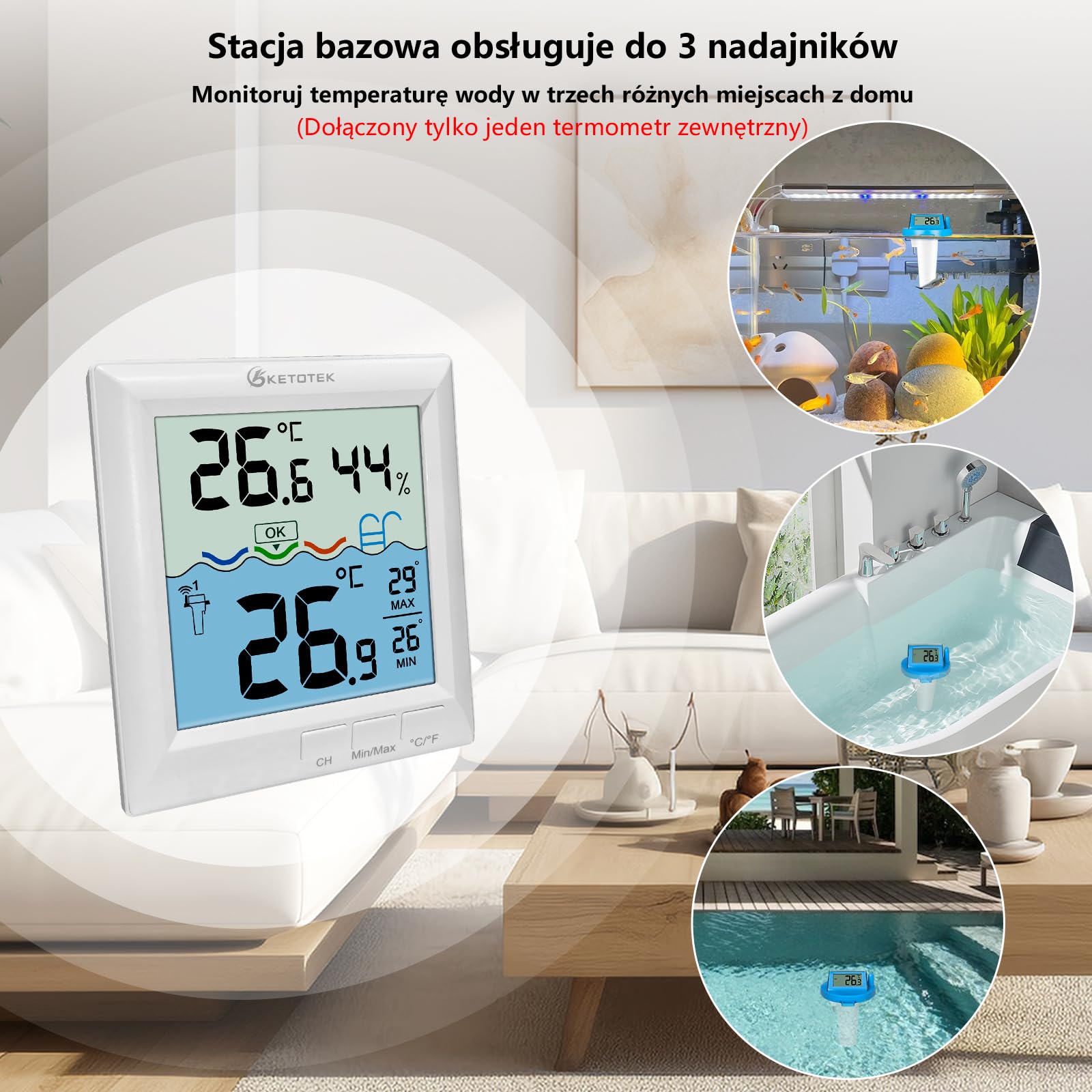 KETOTEK Cyfrowy termometr basenowy, pływający, zasięg 60 m, wodoszczelność IPX8, precyzyjny termometr do wanny, stawu, akwarium, zasilanie energią słoneczną i z akumulatora | Zasięg 60 m, wodoszczelność IPX8, precyzyjny termometr do wanny, stawu, akwarium