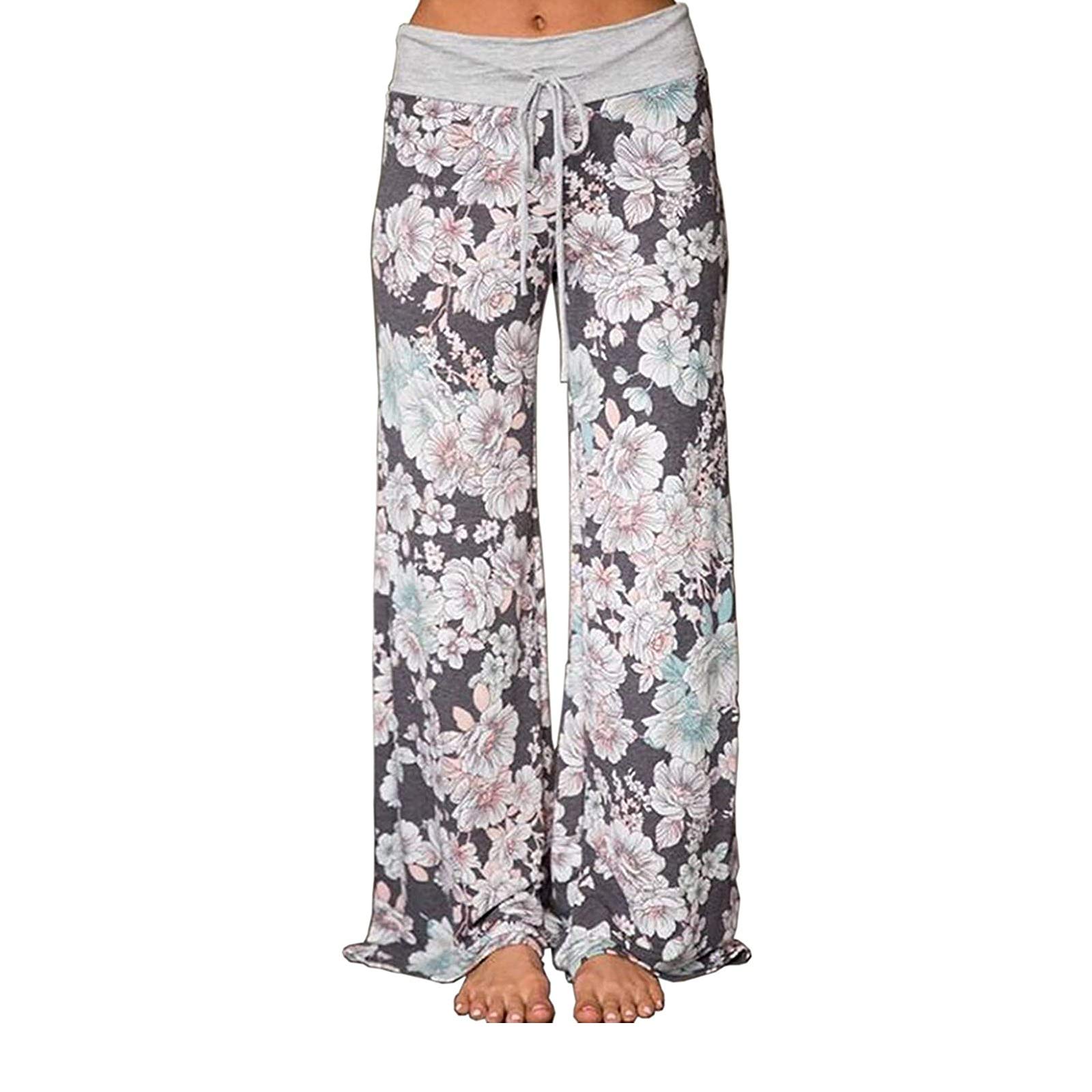 ROSA JUNIO Comfy Pajama Pants for Women Casual Drawstring Floral Palazzo Lounge Pants Stretch Wide Leg Bottoms