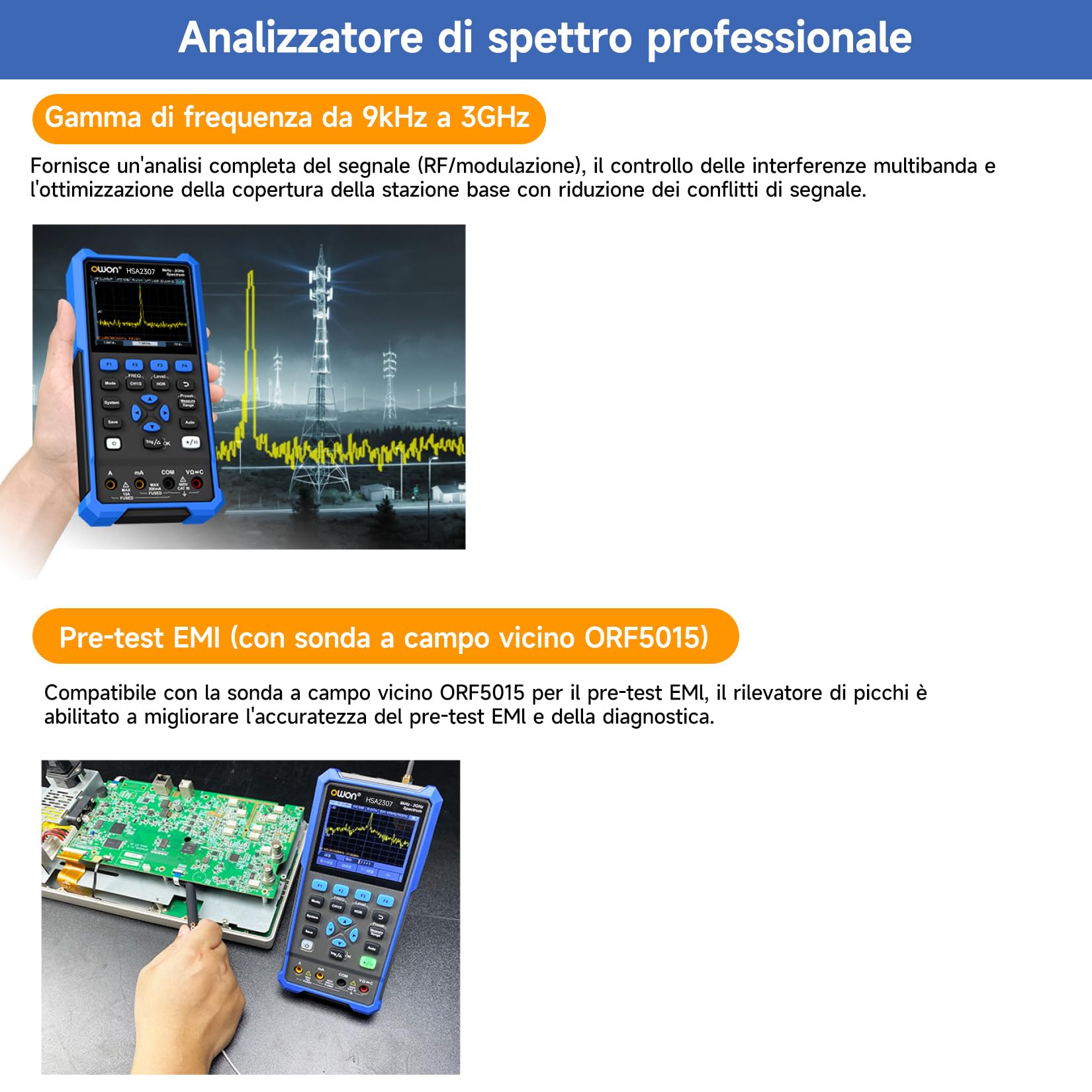 OWON HSA2307 Analizzatore di Spettro 3 in 1 da 9kHz a 3GHz, Oscilloscopio a 70MHz, Multimetro a 4 1/2 Cifre, Frequenza di Campionamento Massima di 250MSa/S, Analizzatore di Spettro Multifunzione