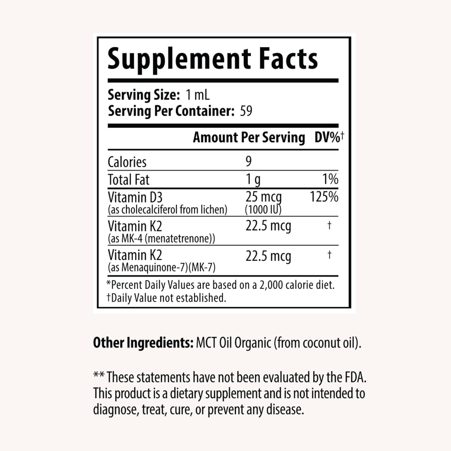 Vitamin D3 + K2 Drops with 1000 IU of Plant Based D3 and 45 mcg of K2, 2 oz Liquid Supplement for Bone Strength, Improved Mood - No Artificial Preservatives, Unflavored, with Coconut MCT Oil
