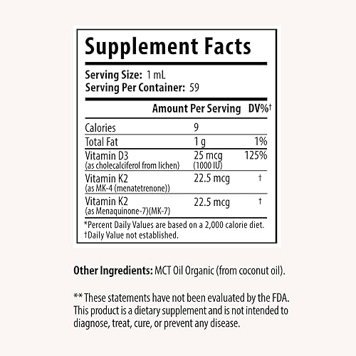 Miniatura 2 de Gotas de vitamina D3 + K2 con 1000 UI de D3 a base de plantas y 45 mcg de K2, suplemento líquido de 2 onzas para fortalecer los huesos, mejorar el