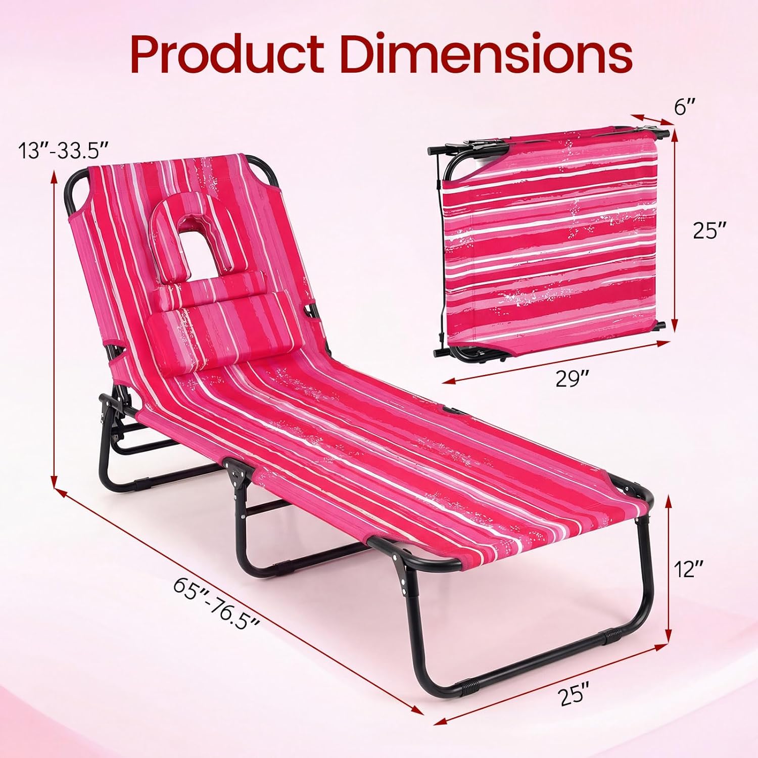 Giantex Folding Beach Tanning Chair, Adjustable Face Down Patio Lounge Chair w/ 4-Position Backrest, Face Hole & Removable Pillow, Portable Sunbathing Chair for Poolside Yard Lawn (1,Pink Stripe)