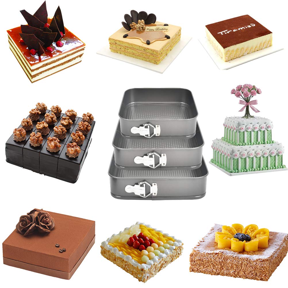 TIMESETL Moule à Gâteau Carré Ø 24/26/28 cm Moule à Charnière 3 en 1 Moule à Pâtisserie Carré Réglable avec Levier de Serrage, Revêtement Antiadhésif Moules à Charnière en Acier au Carbone