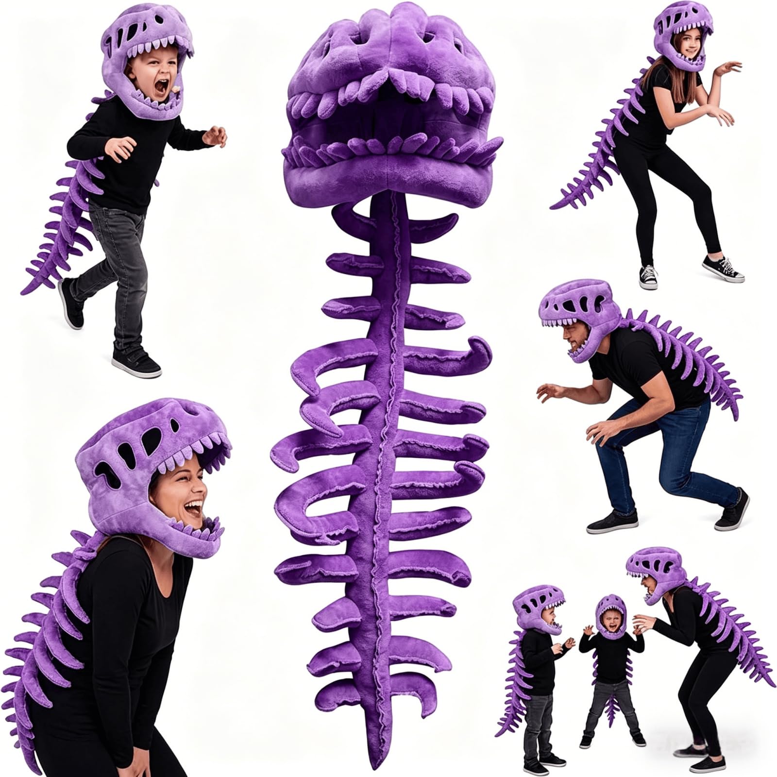 KUNYOS Realistic 3D Dinosaur Skeleton Attire Set Multiple Colour Options Spinosaurus Dinosaur Plush Skeleton Headpiece and Spine Outfit for Halloween Cosplay Attire Dress Parties (Purple, S(29.5in))