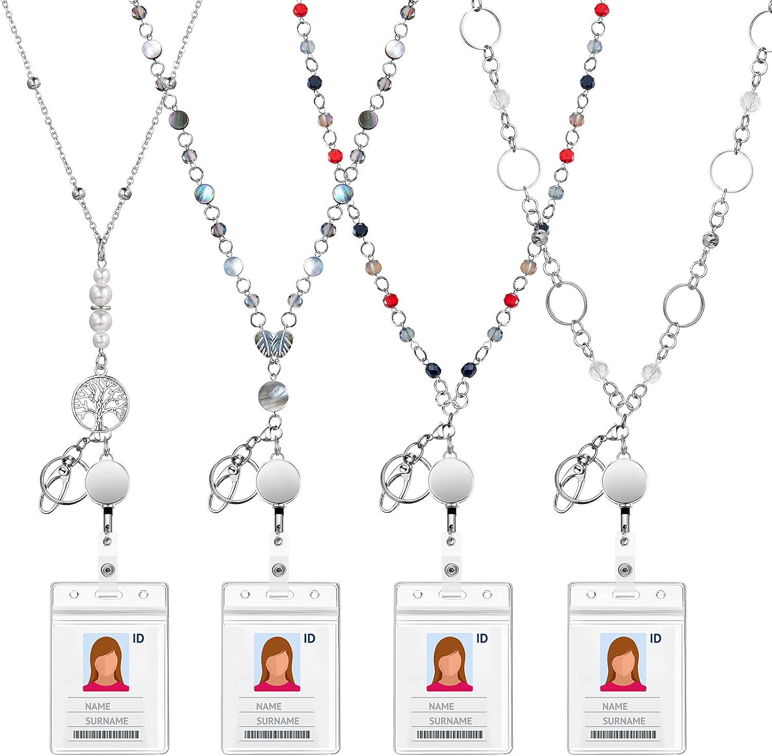 Pangda 4 Sets Badge Necklaces with ID Holders Beaded ID Necklaces Retractable Lanyards for Women Stainless Steel Badge Lanyards,Multicolor,Medium