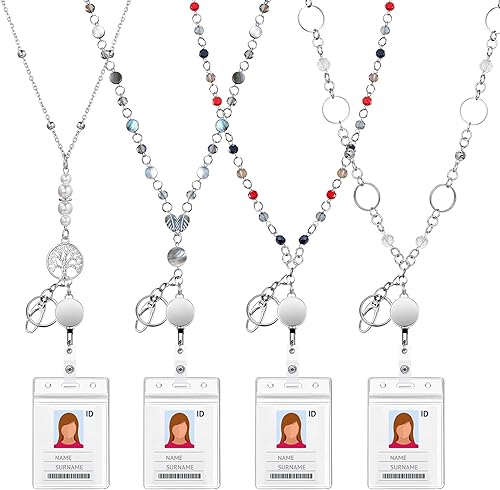 Pangda 4 juegos de collares retráctiles para tarjetas de identificación, carrete de credencial de acero inoxidable con cuentas para mujeres,